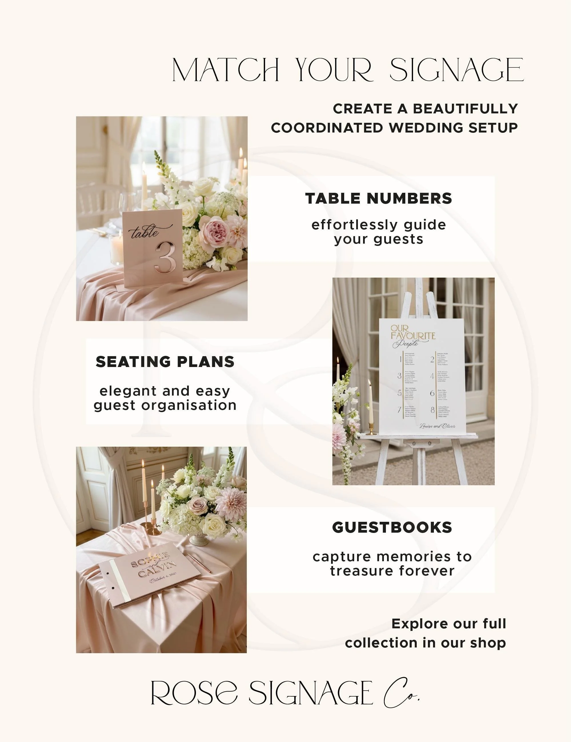Matching acrylic wedding signs including table numbers and seating plans