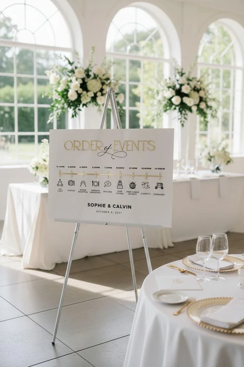 Modern neutral acrylic wedding timeline sign with gold raised lettering
