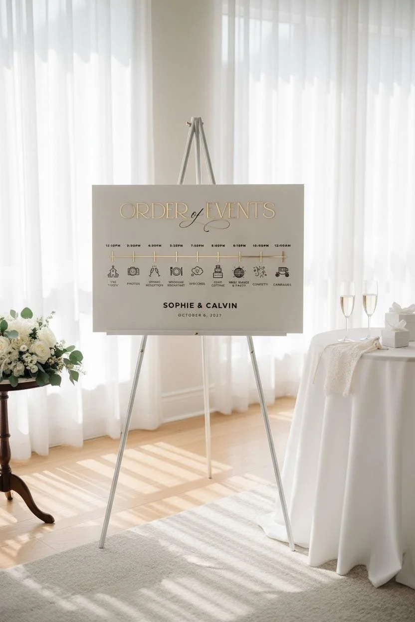 Neutral acrylic Order of Events sign with printed wedding-day schedule