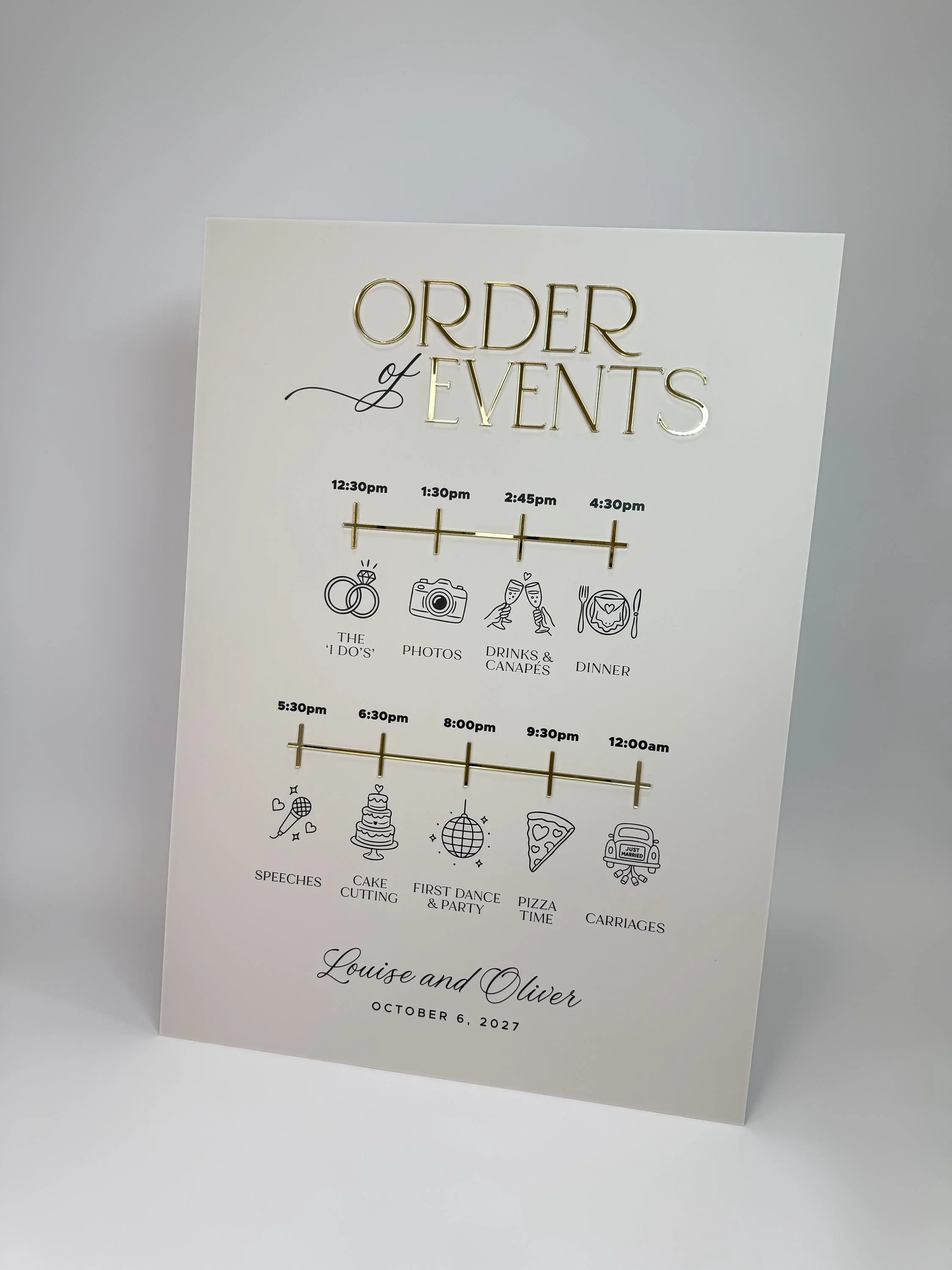 Wedding timeline sign featuring raised gold mirror acrylic details