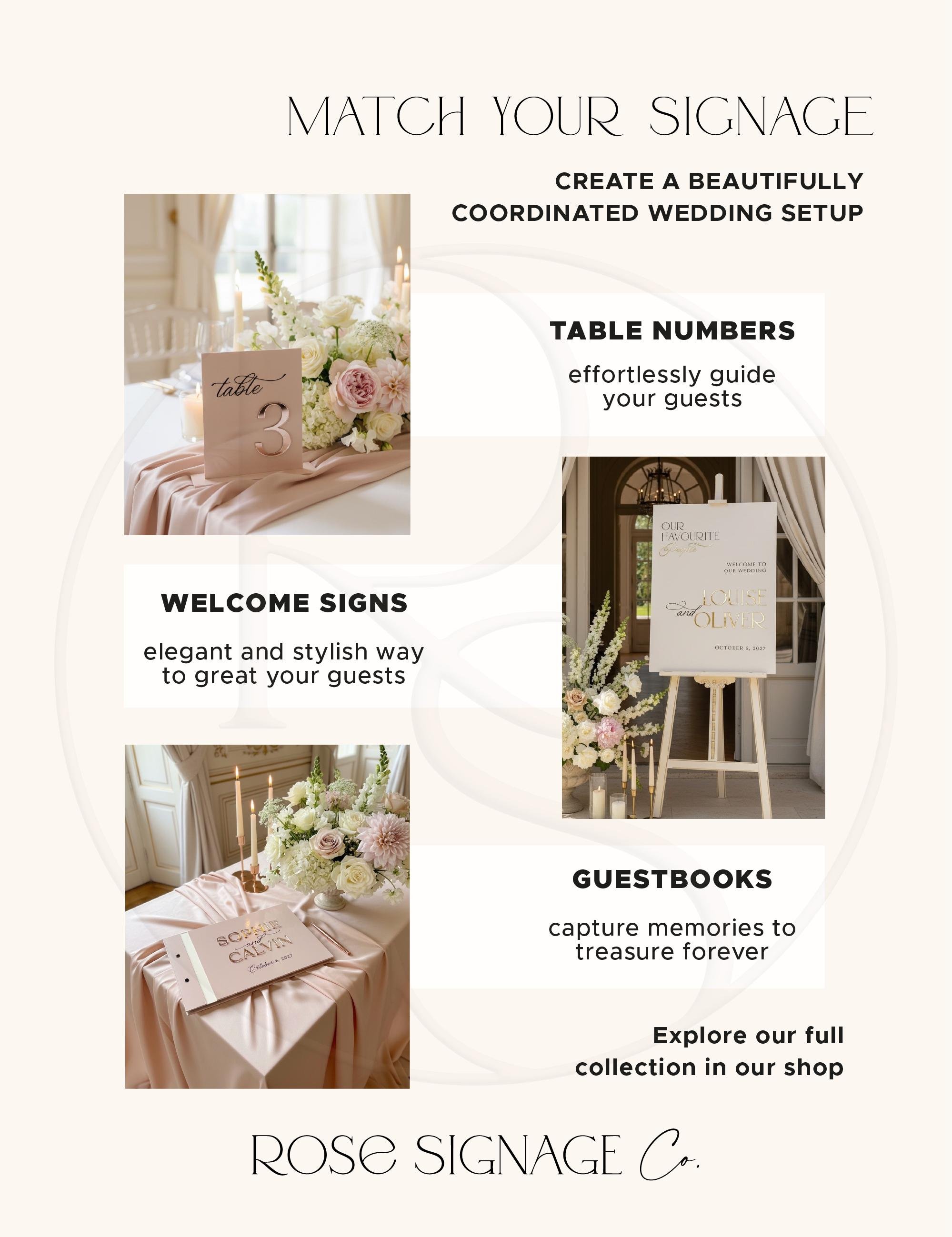 Coordinating acrylic wedding table numbers, welcome sign and guestbook from Rose Signage Co.