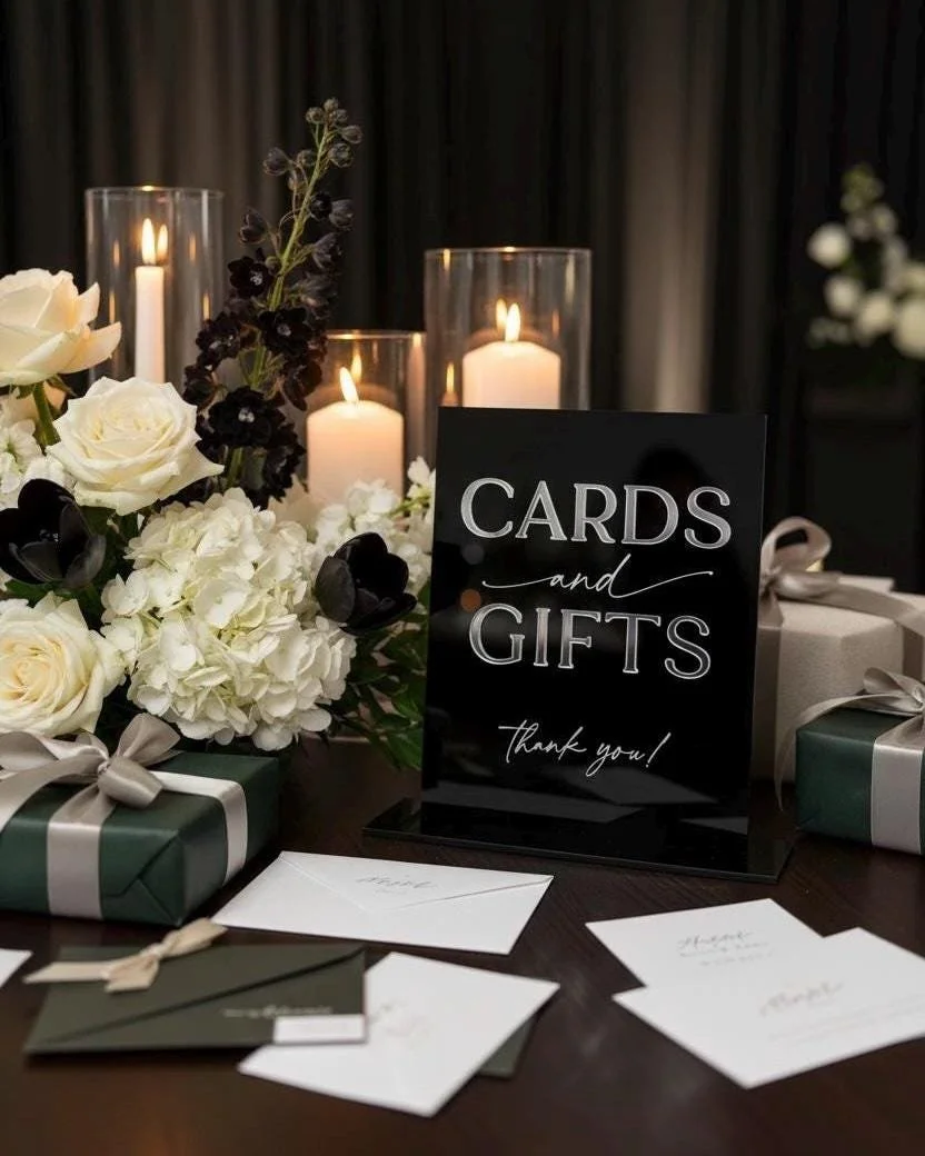 Black acrylic Cards and Gifts sign with raised silver mirror lettering displayed on a wedding gift table