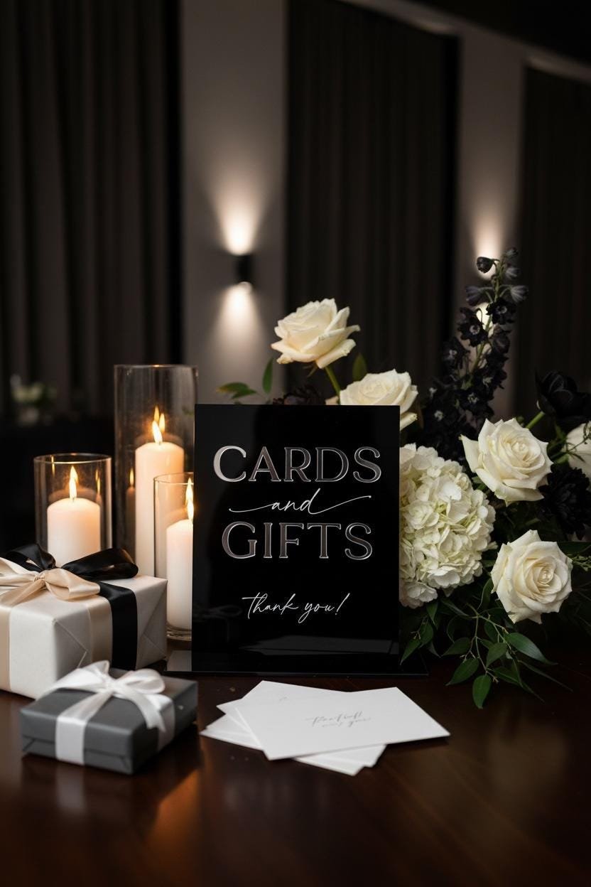 Black acrylic Cards and Gifts wedding sign with raised gold lettering beside candles and white flowers