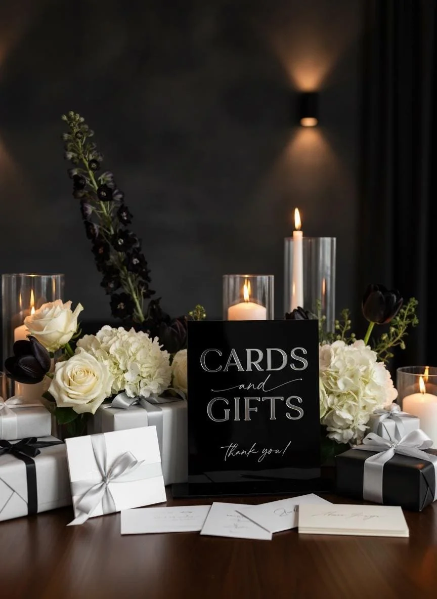 Black acrylic Cards and Gifts wedding sign displayed with candles and white floral arrangements