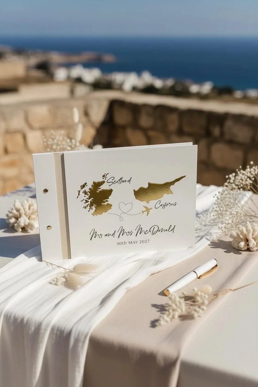Acrylic destination wedding guestbook displayed at an outdoor coastal wedding