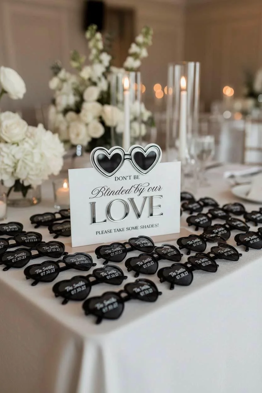 Acrylic Blinded by Our Love sign displayed with heart-shaped sunglasses