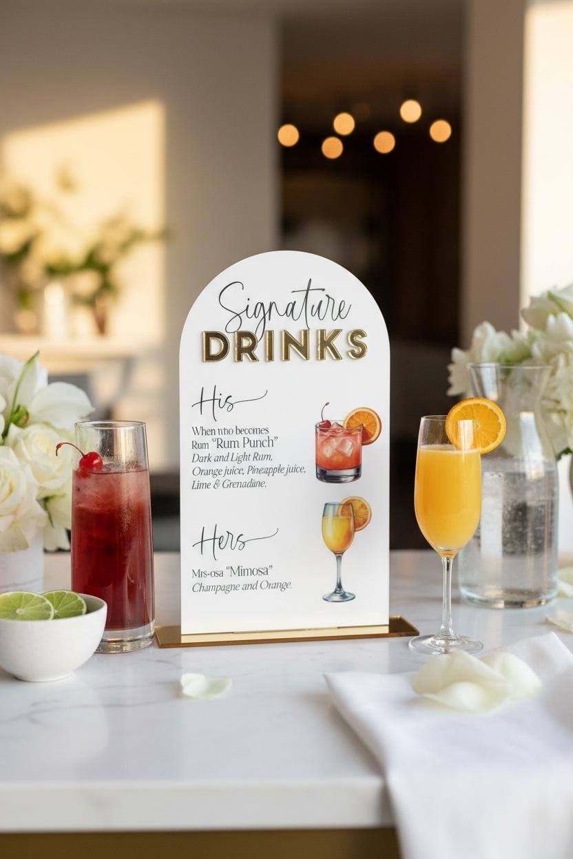 White dome wedding cocktail menu with raised gold lettering and illustrated drinks