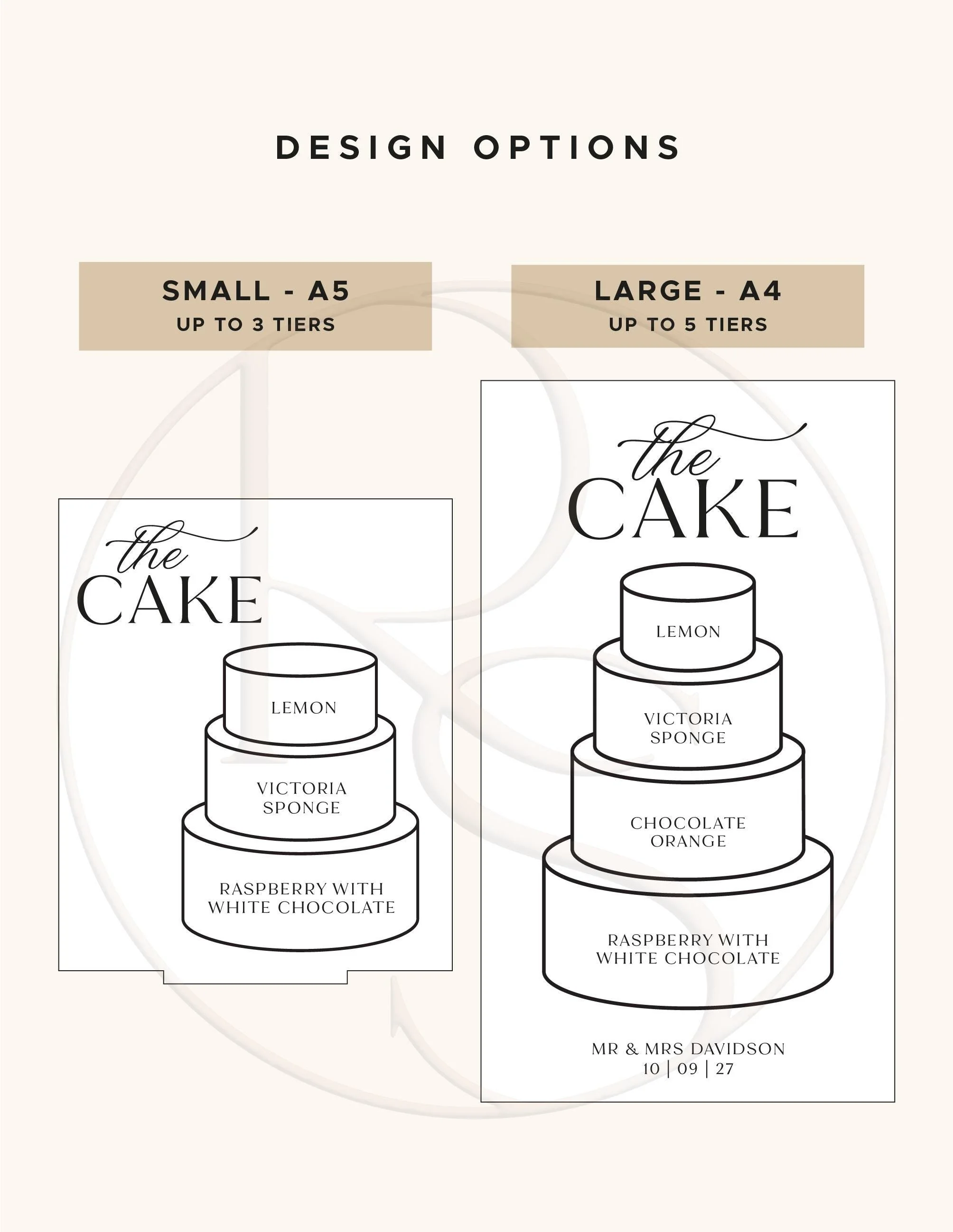 Small three-tier and large five-tier acrylic wedding cake flavour sign options