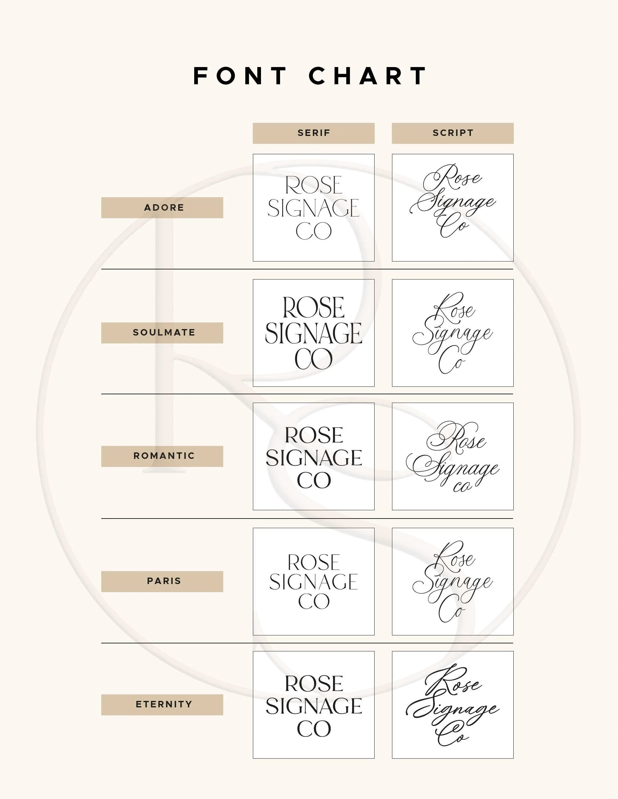 Adore, Soulmate, Romantic, Paris and Eternity font options for the wedding cake sign
