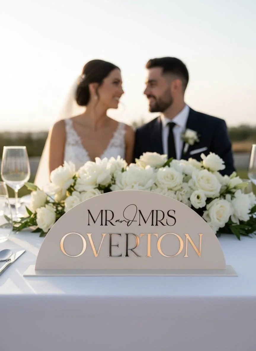 Personalised Mr and Mrs Overton acrylic dome sign displayed on a wedding top table
