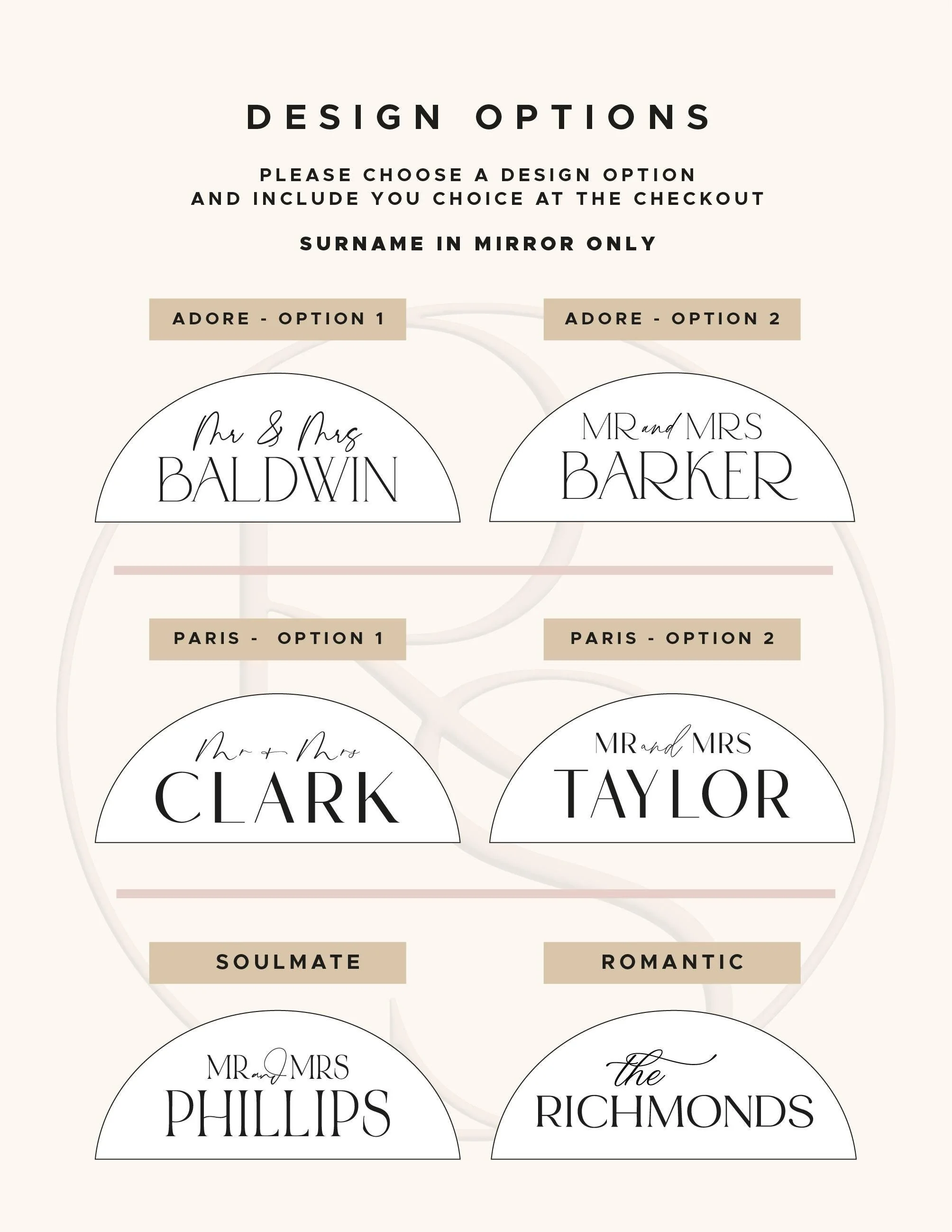 Adore, Paris, Soulmate and Romantic design options for personalised top table signs