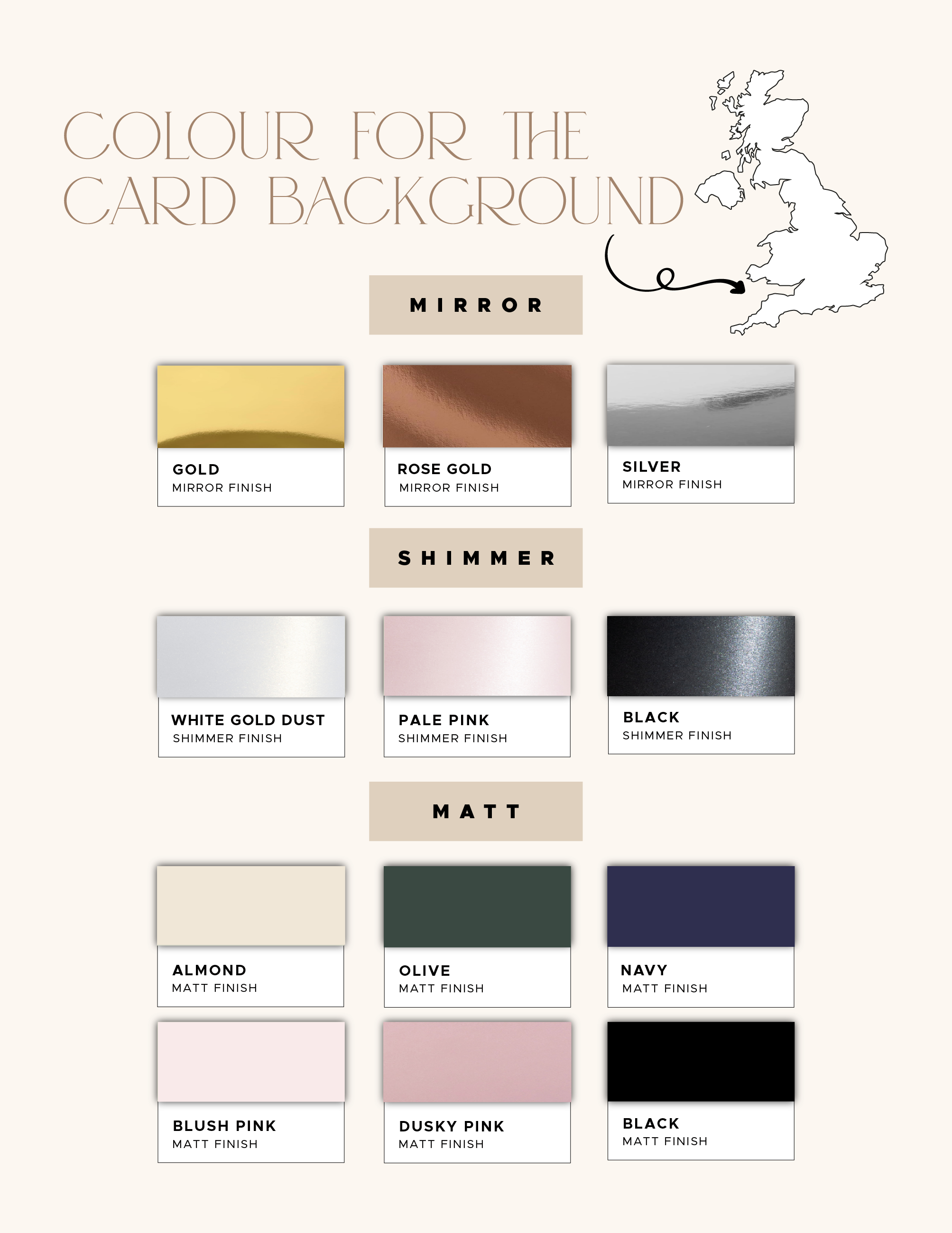Mirror, shimmer and matte destination map colour options for the personalised guestbook
