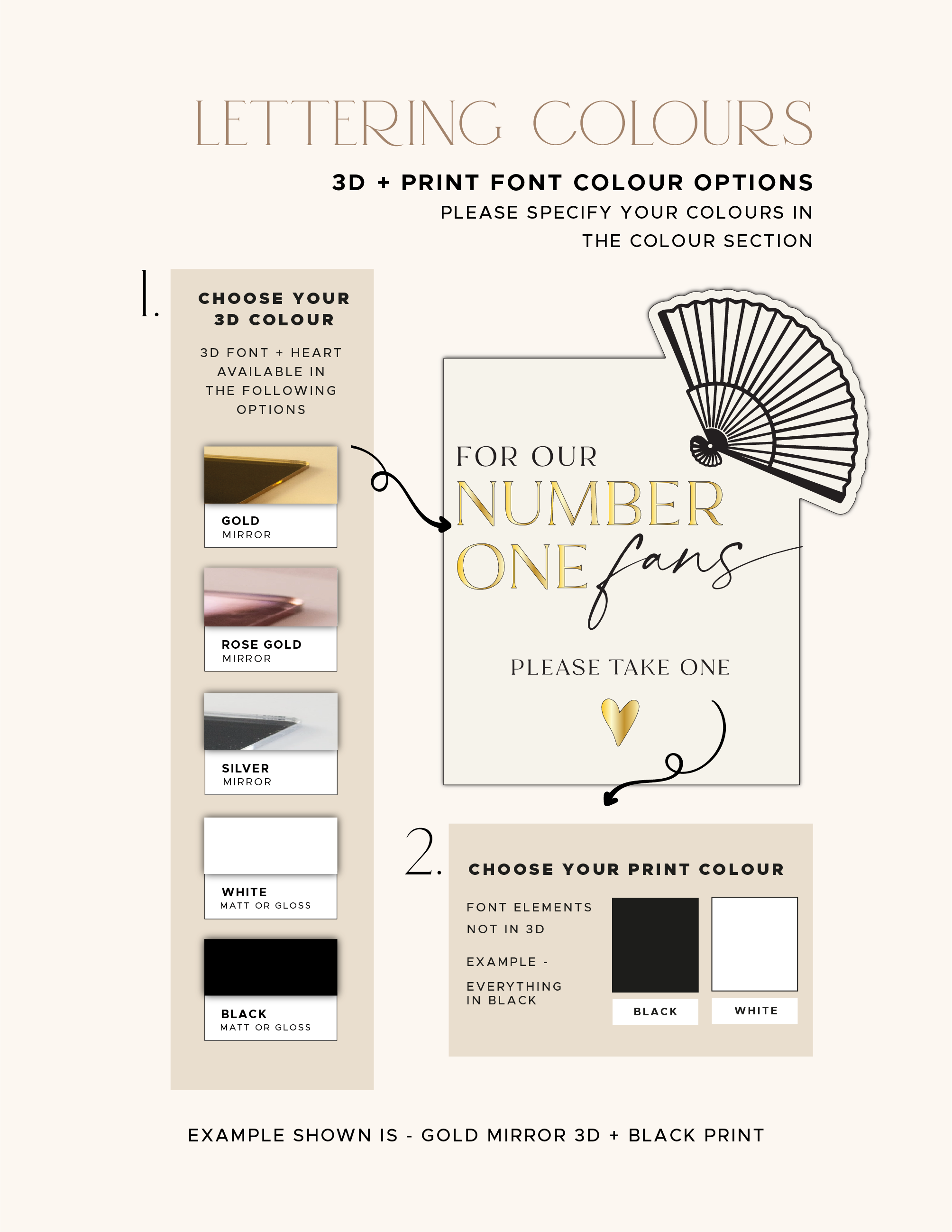 Design and colour options for the acrylic wedding fans sign.