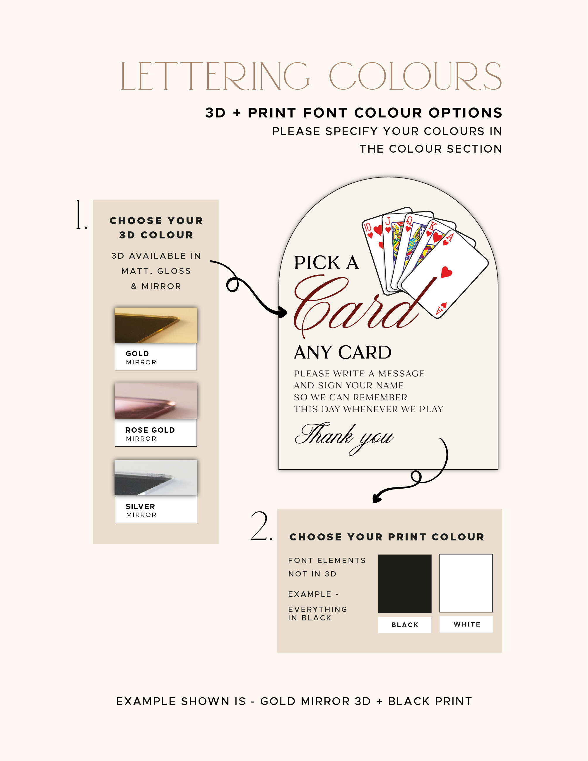 Gold, rose gold and silver mirror 3D lettering options with black or white printed wording