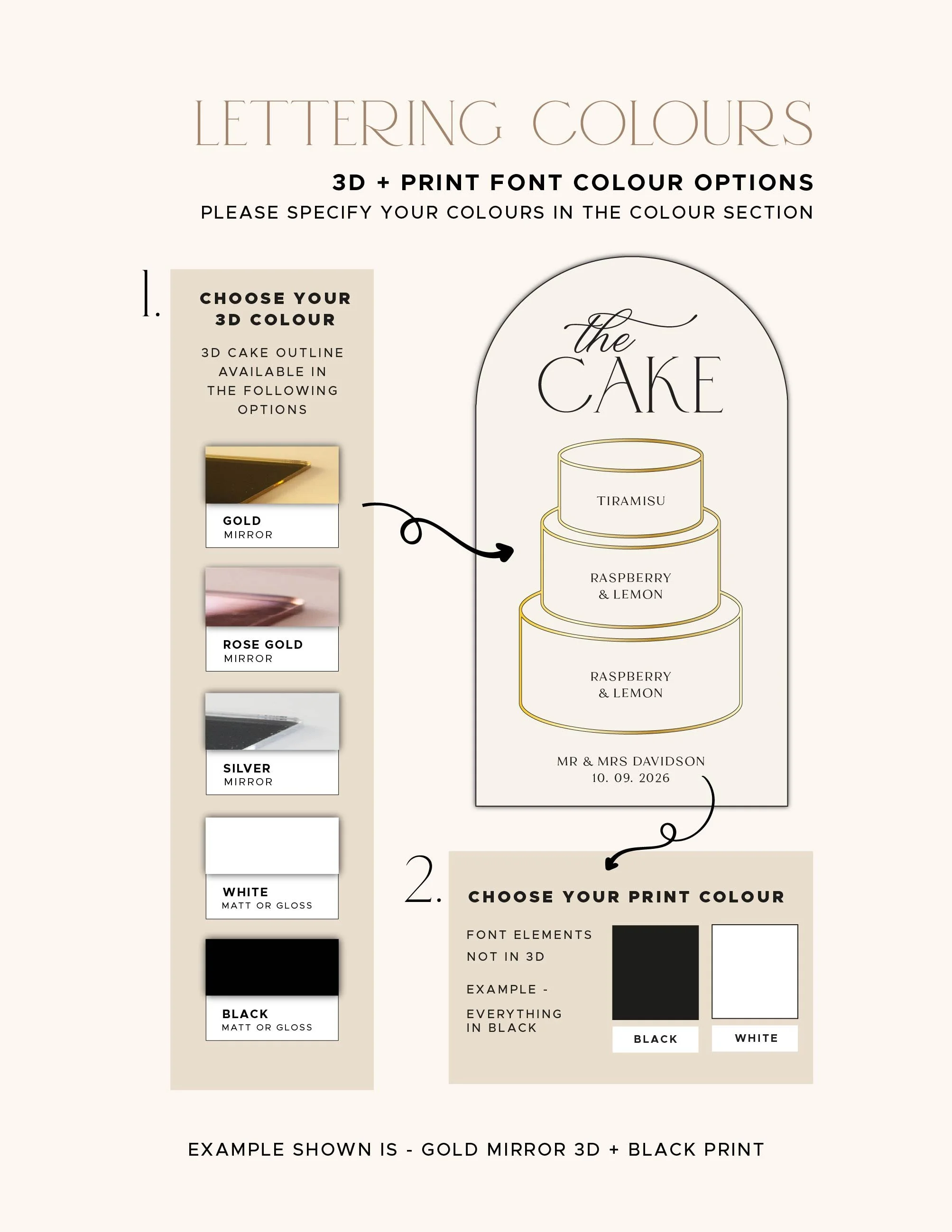 Design and colour options for the personalised 3D wedding cake flavour sign.
