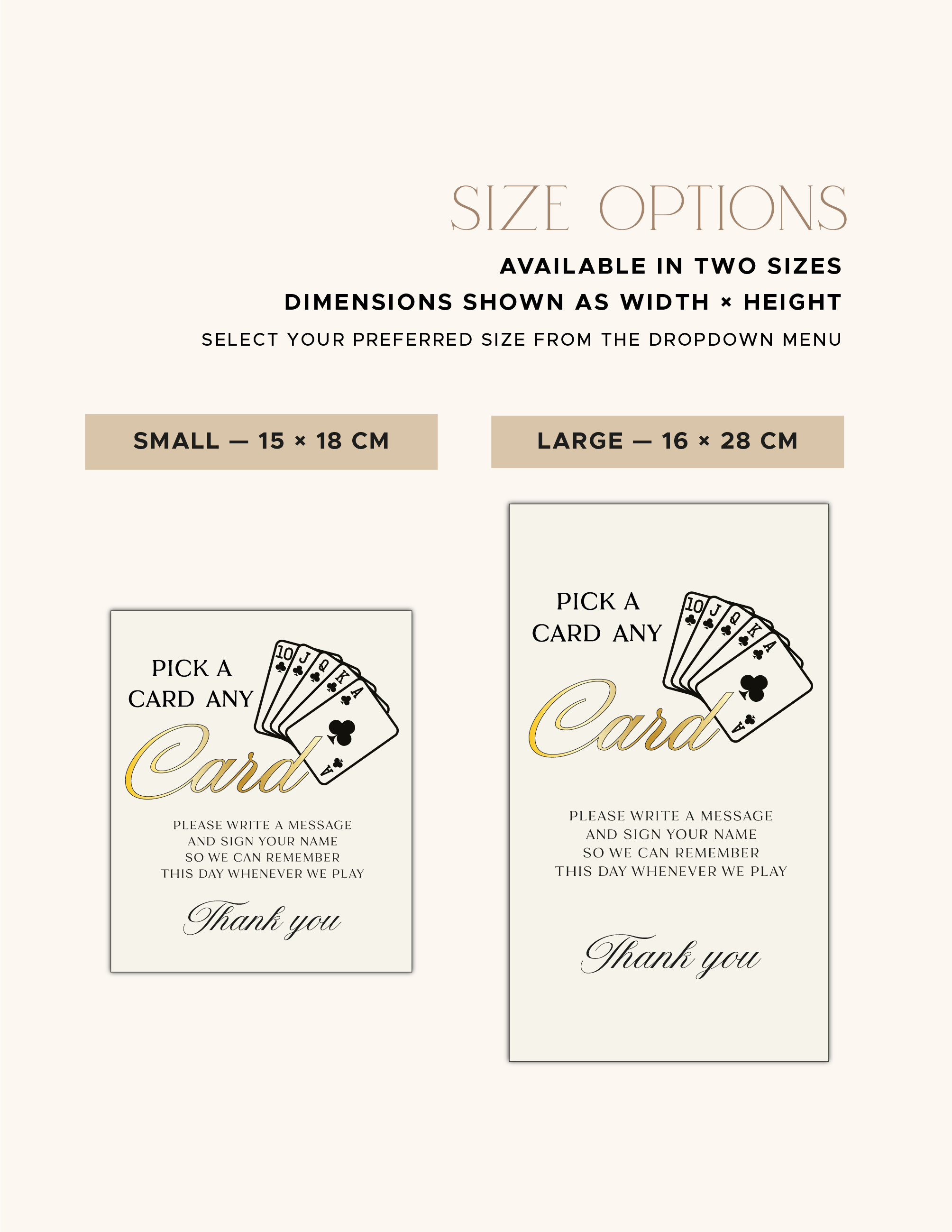 Size comparison for small and large playing-card wedding guestbook signs.