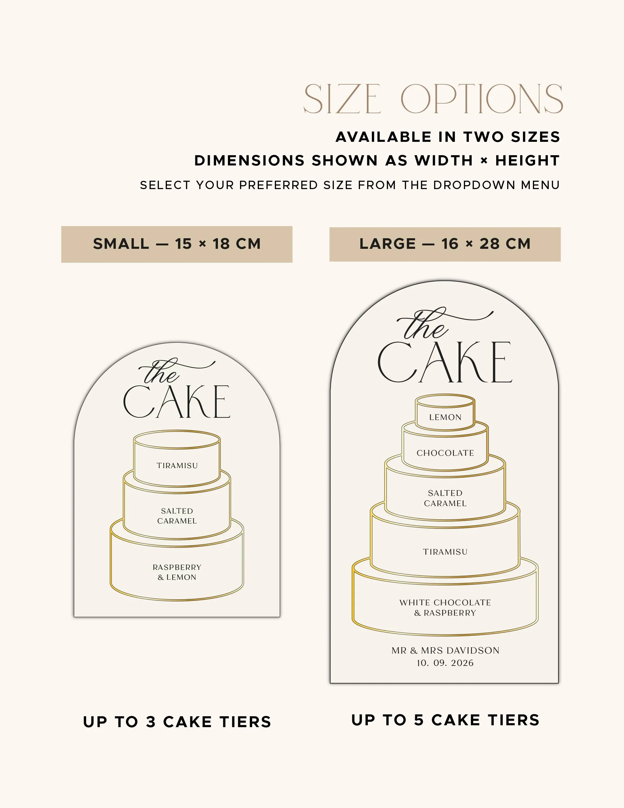 Size guide comparing small three-tier and large five-tier cake flavour signs.