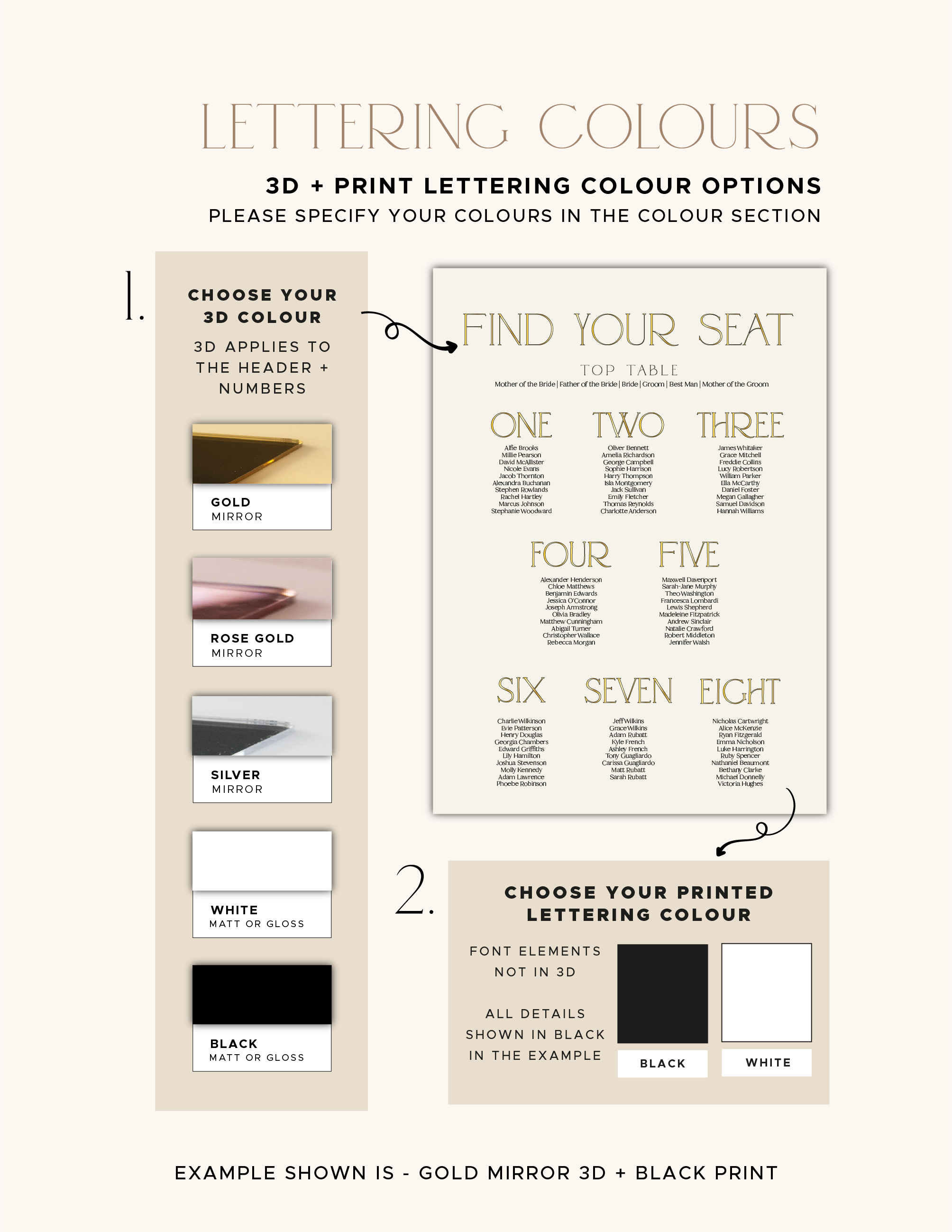 Colour options for the 3D table numbers and printed lettering on the acrylic wedding seating plan