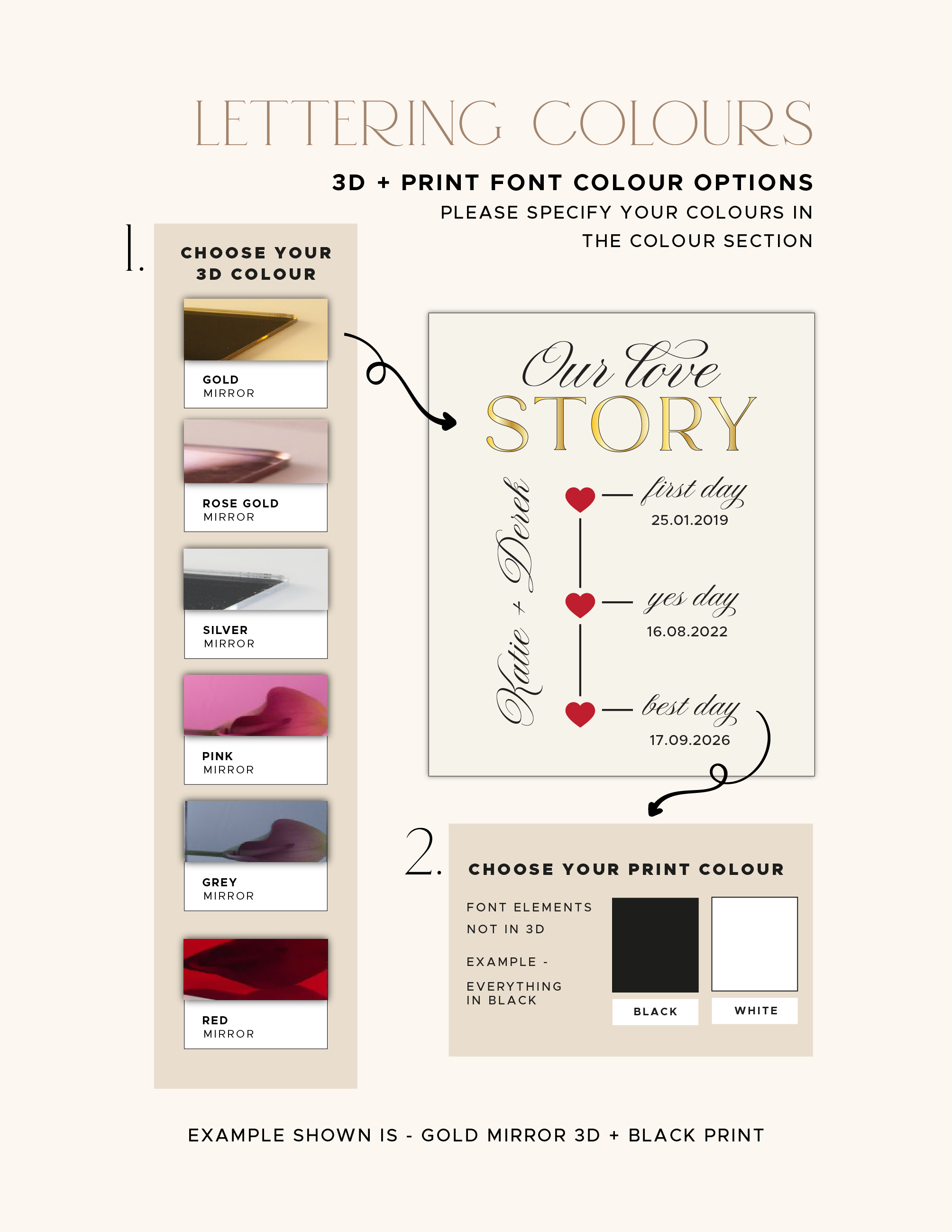 3D acrylic lettering colour options for the personalised Love Story wedding sign.