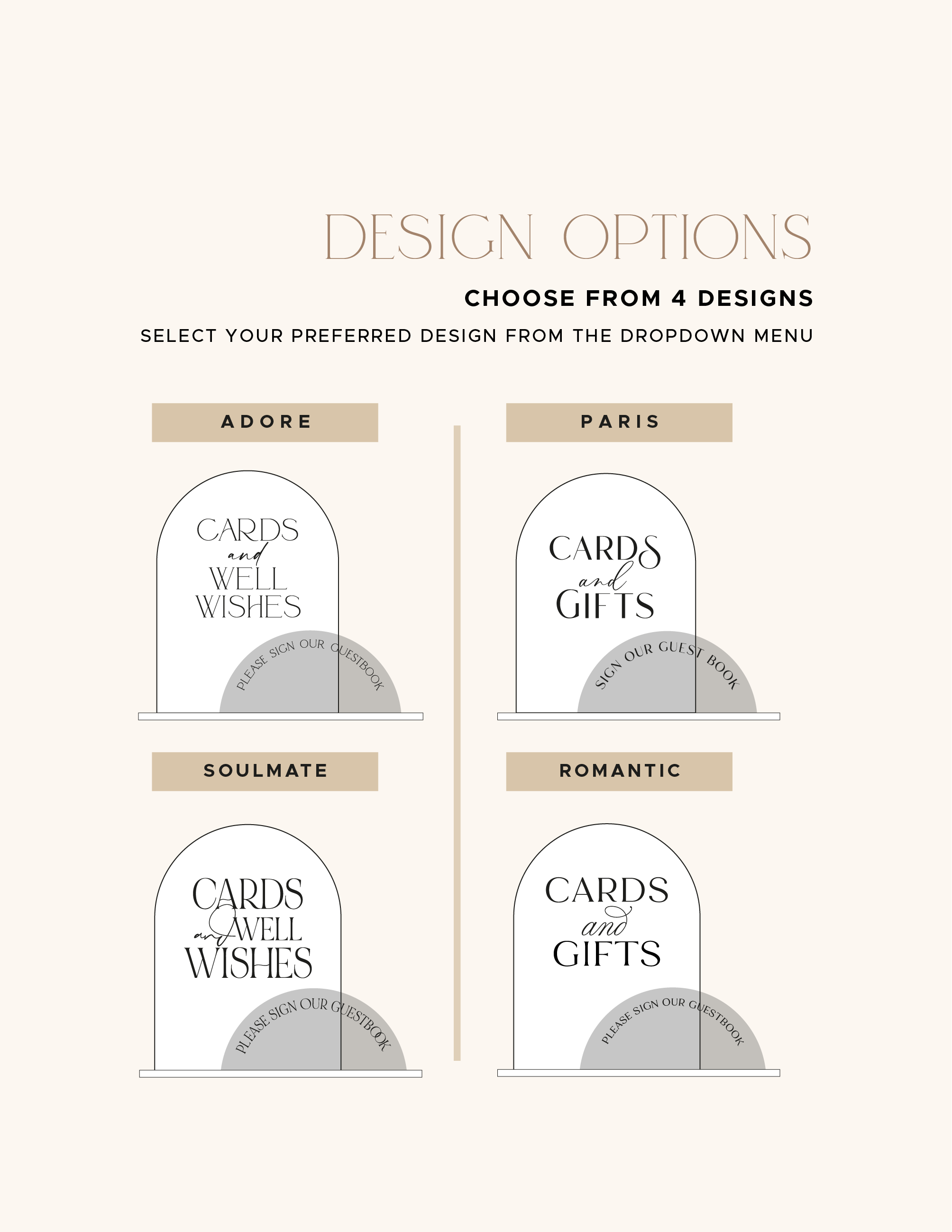 Adore, Paris, Soulmate and Romantic design options for the wedding guestbook duo sign
