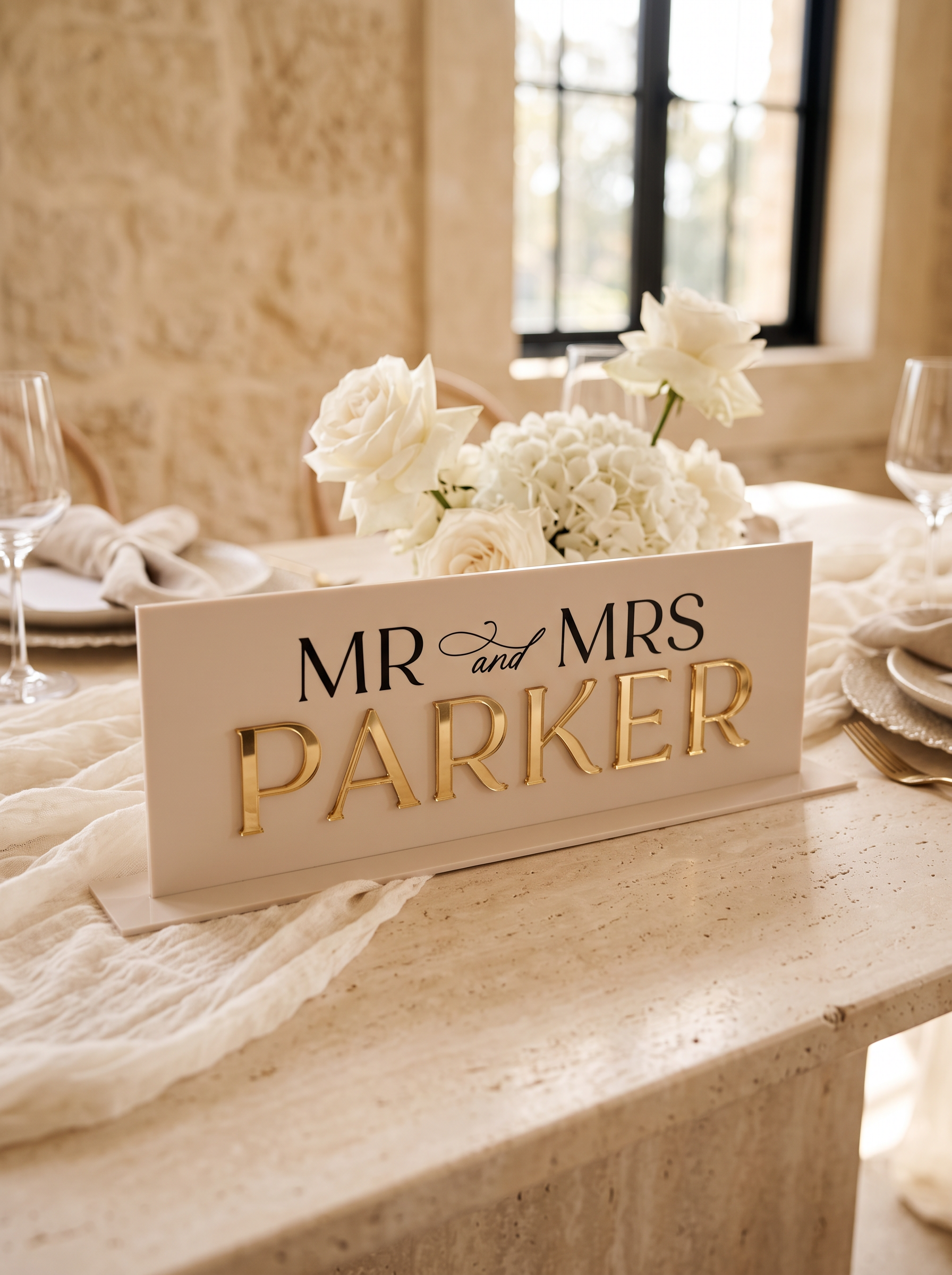 Oyster acrylic wedding top table sign with raised gold mirror Parker surname and white flowers.
