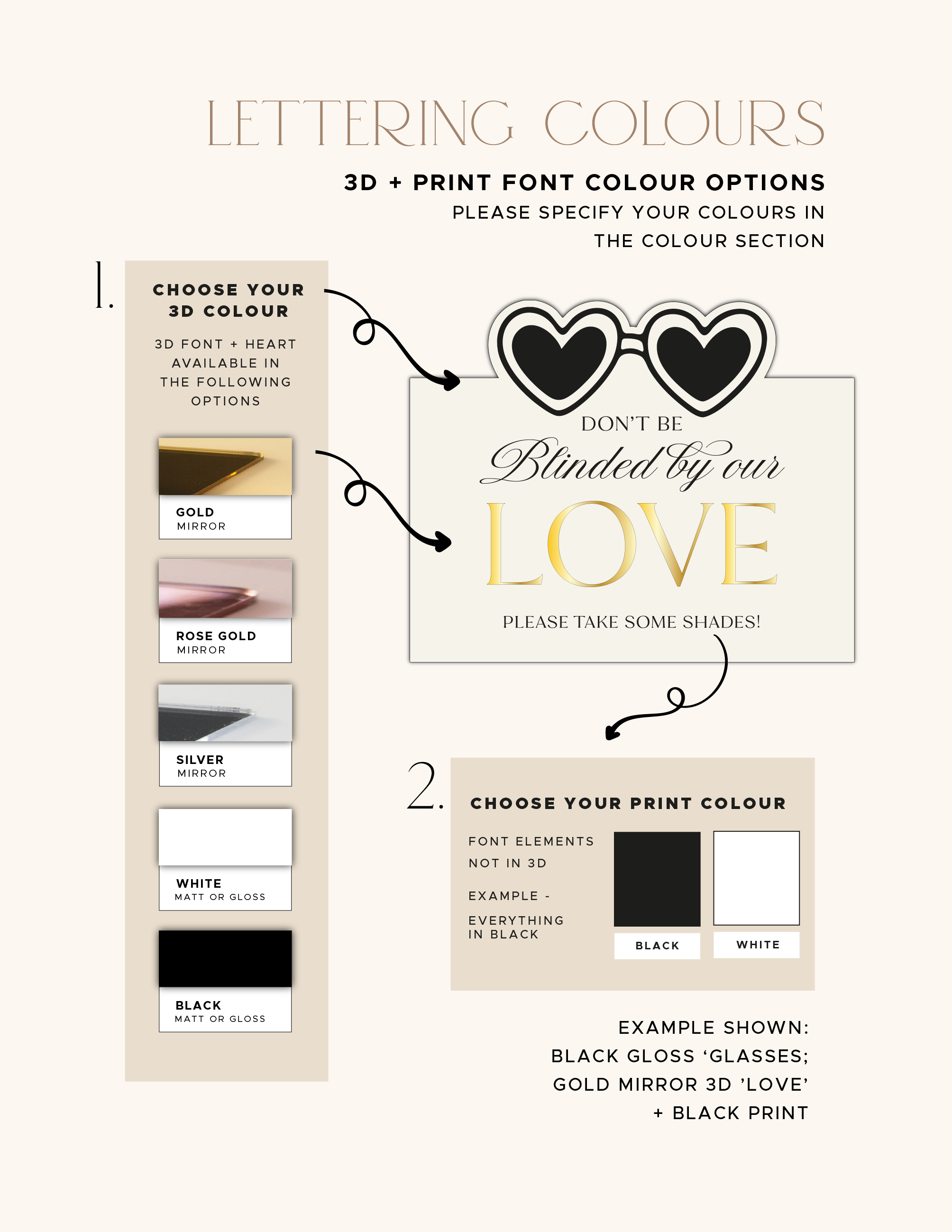 Background and raised lettering colour options for the wedding sunglasses sign