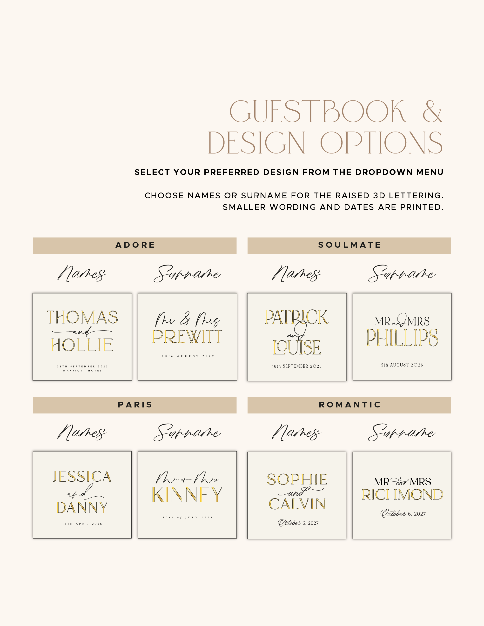 Personalised design choices for the acrylic wedding guestbook trio set