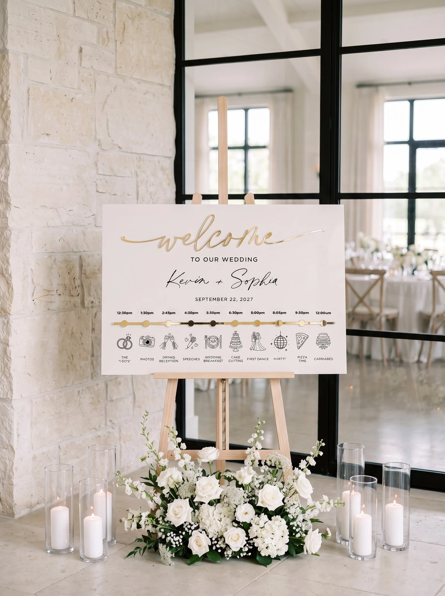 Combined acrylic wedding welcome sign and timeline displayed at a wedding venue.