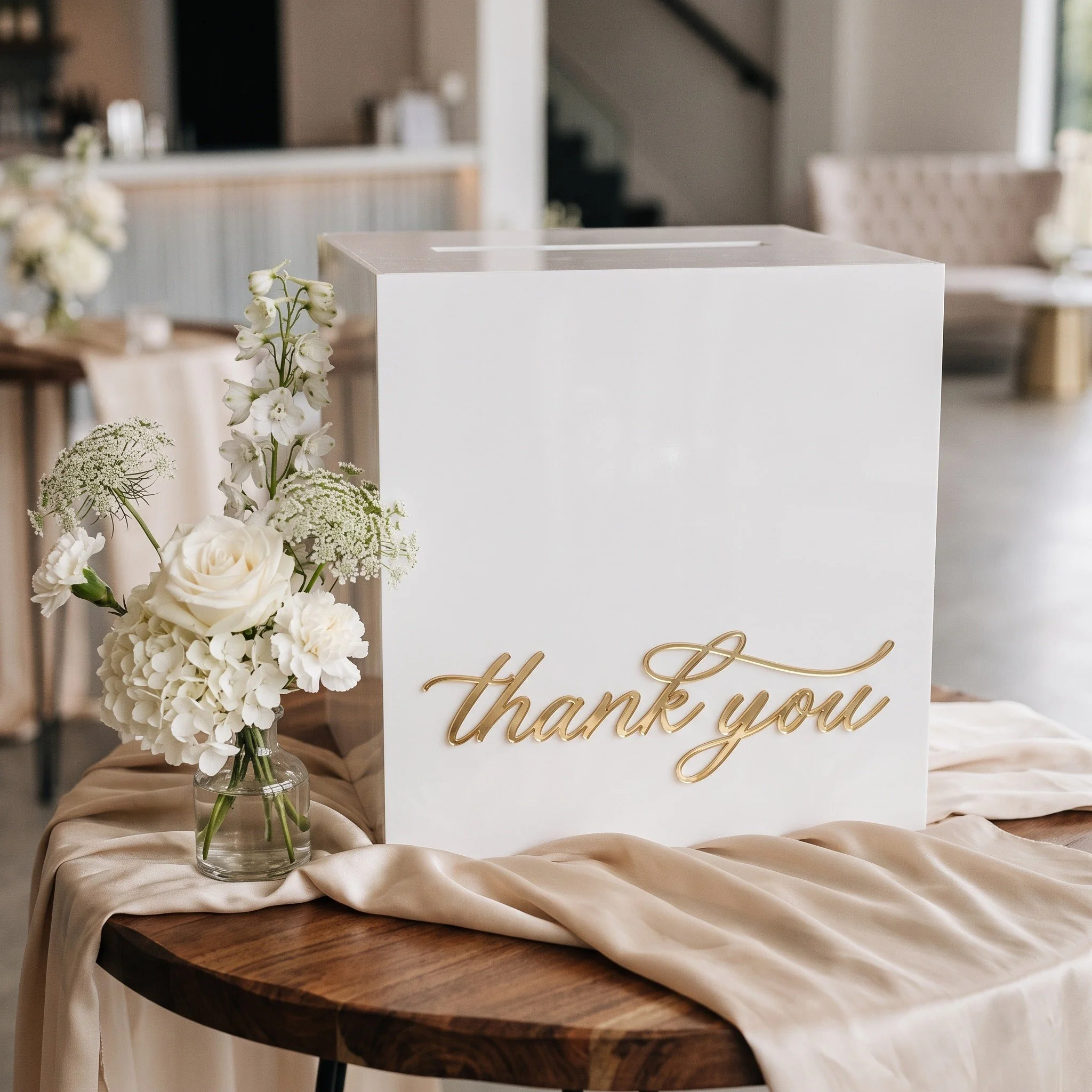 White acrylic wedding post box with raised gold Thank You lettering and top card slot