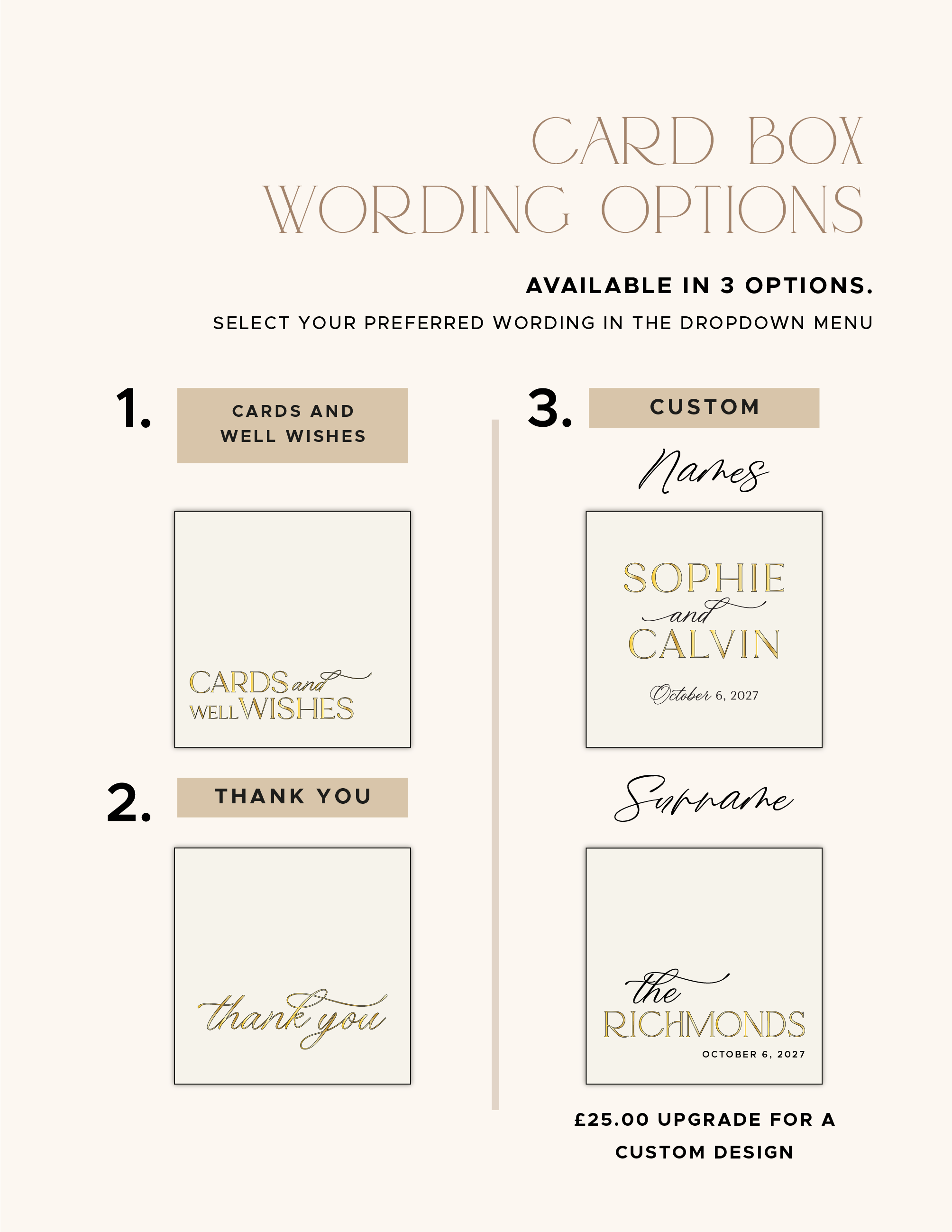 Cards and Well Wishes, Thank You and personalised custom wording options for the acrylic card box