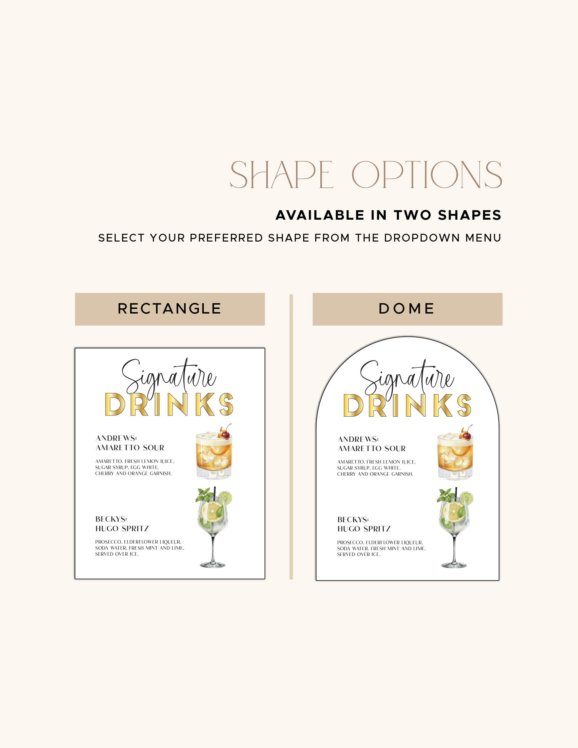 Dome and rectangular acrylic shape options for the wedding cocktail menu