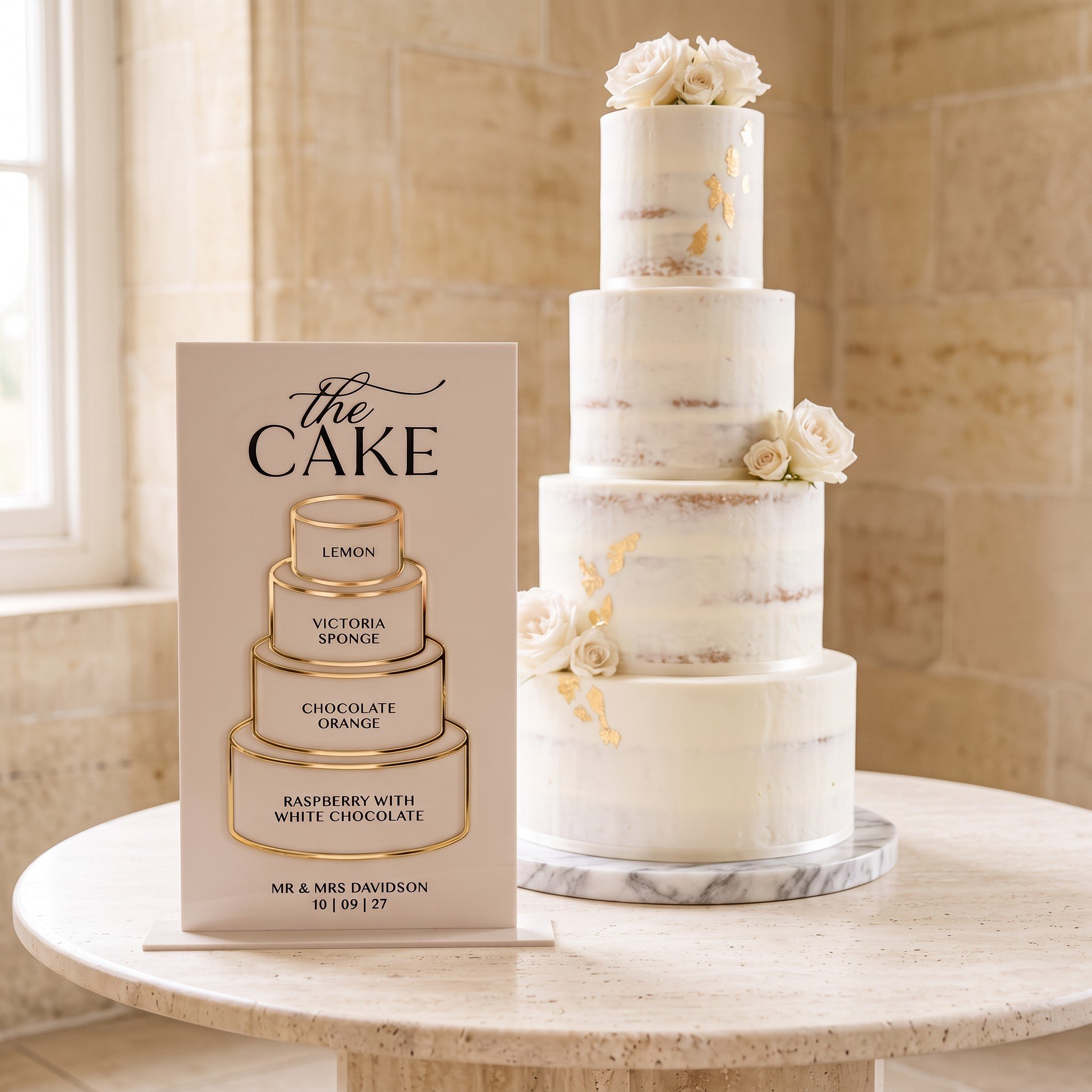 Acrylic cake flavour sign displayed beside an elegant white tiered wedding cake.