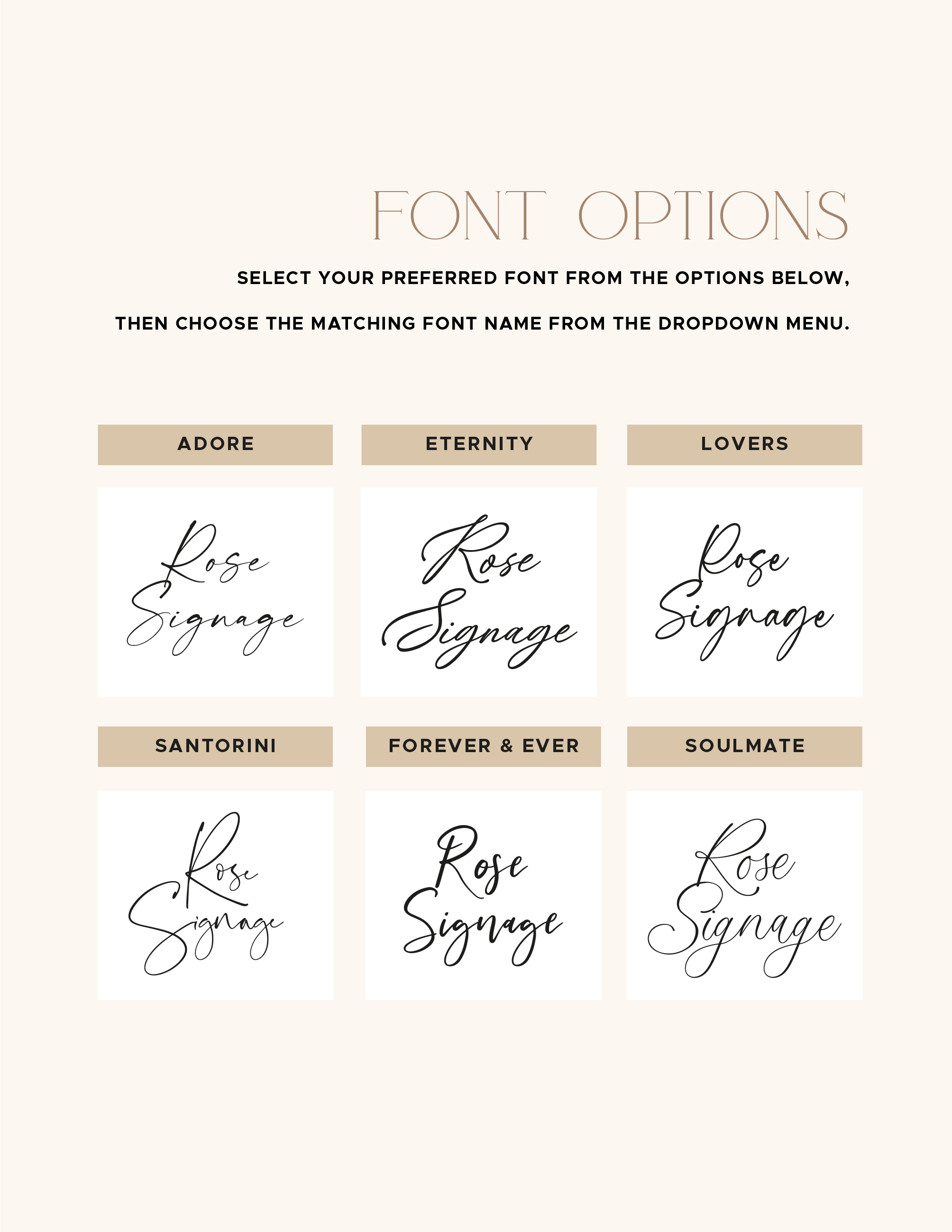 Six script font options for the personalised names and heart wedding cake topper