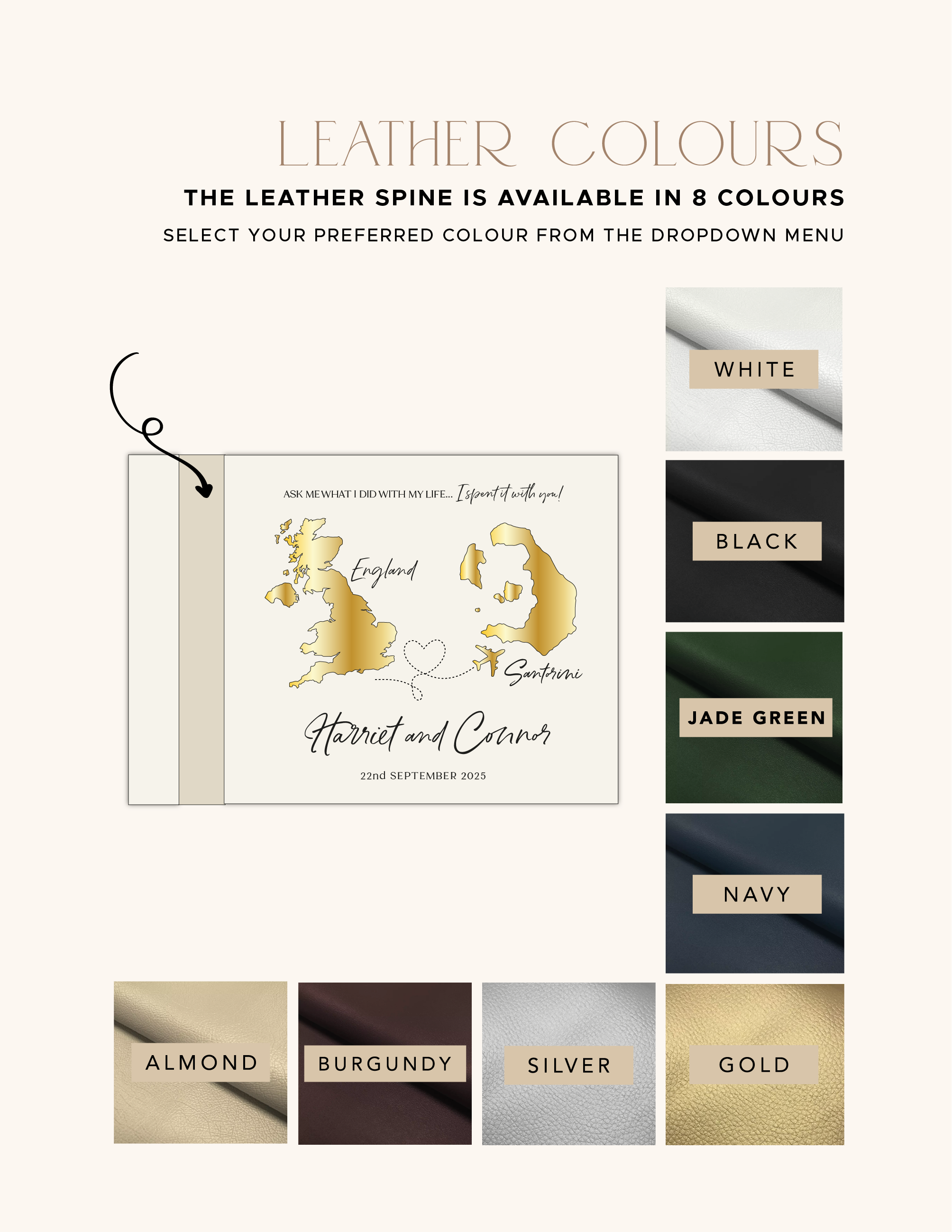 Eight leather-look spine colour options for the acrylic destination wedding guestbook