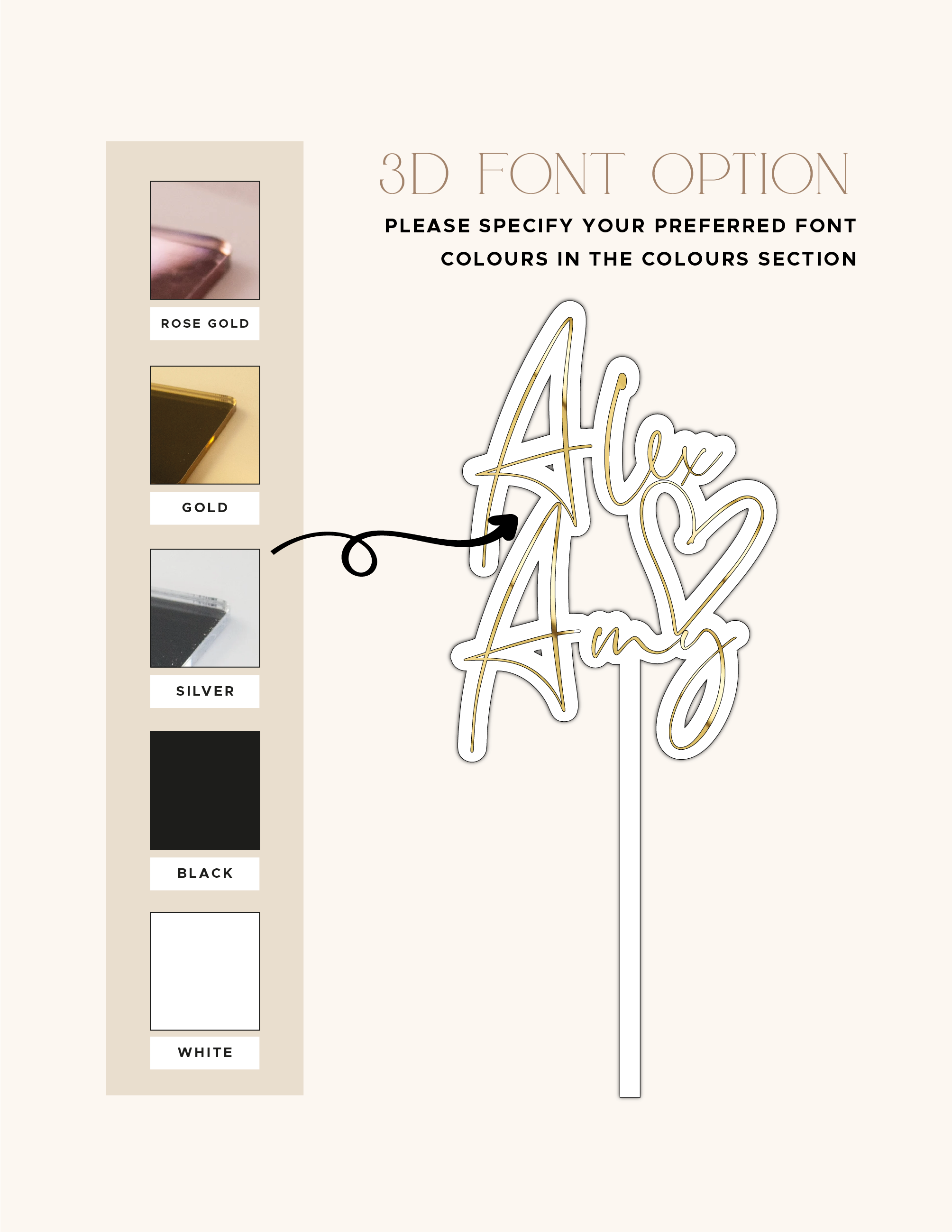 Rose-gold, gold, silver, black and white raised detail options for the personalised acrylic cake topper