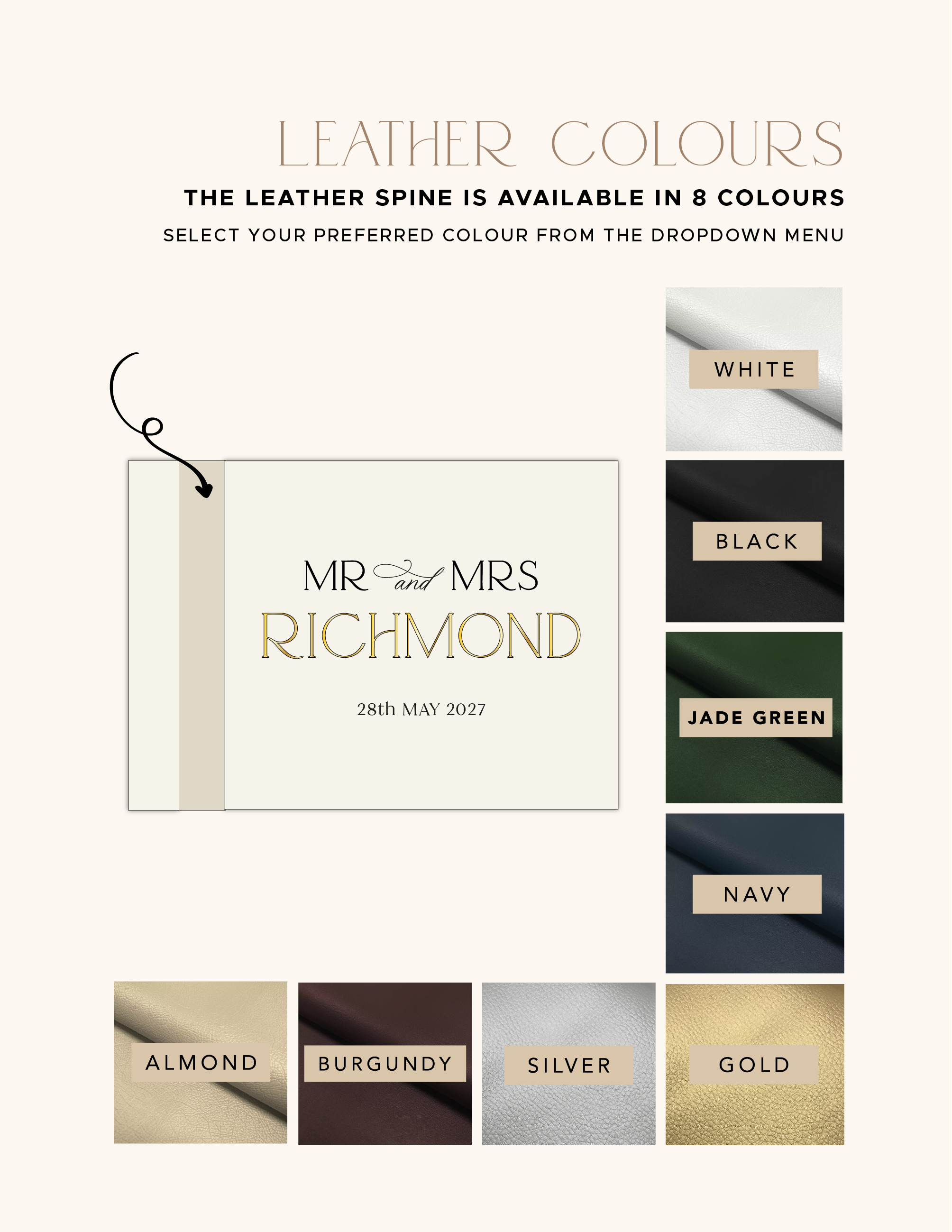 White, black, jade green, navy, almond, burgundy, silver and gold wedding guestbook spine colours