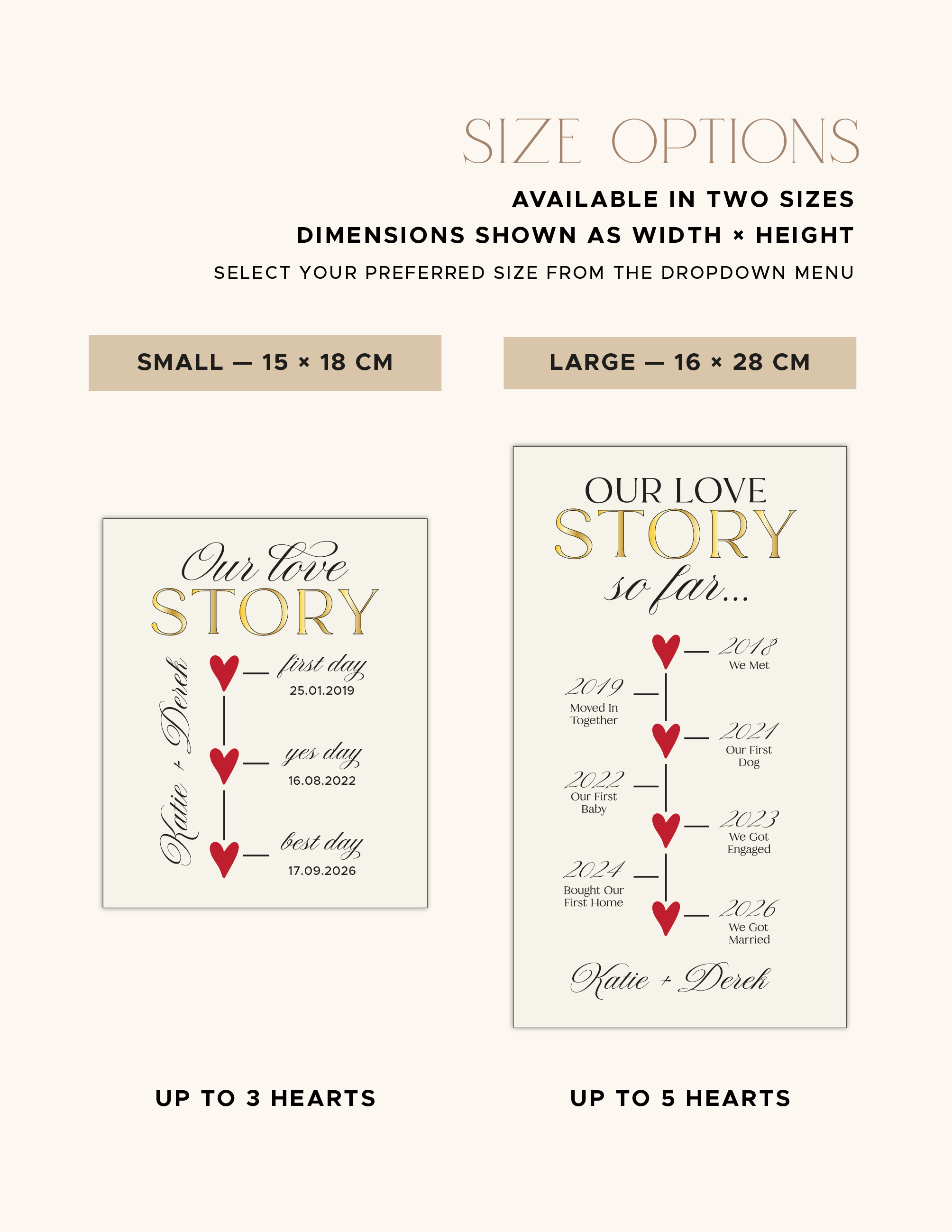 Small and large size options for the personalised Love Story timeline sign.