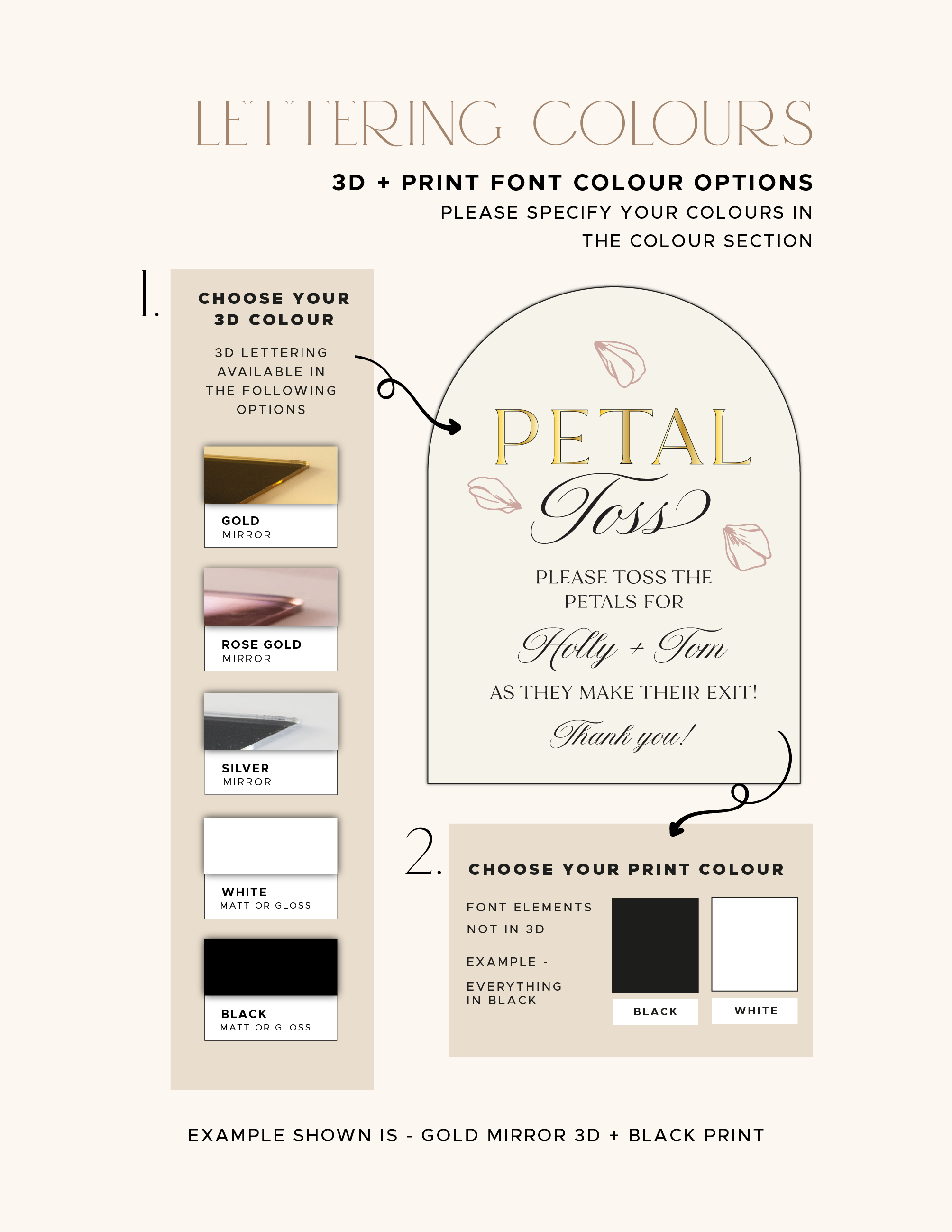 Background, raised lettering and printed wording colours for the Petal Toss sign