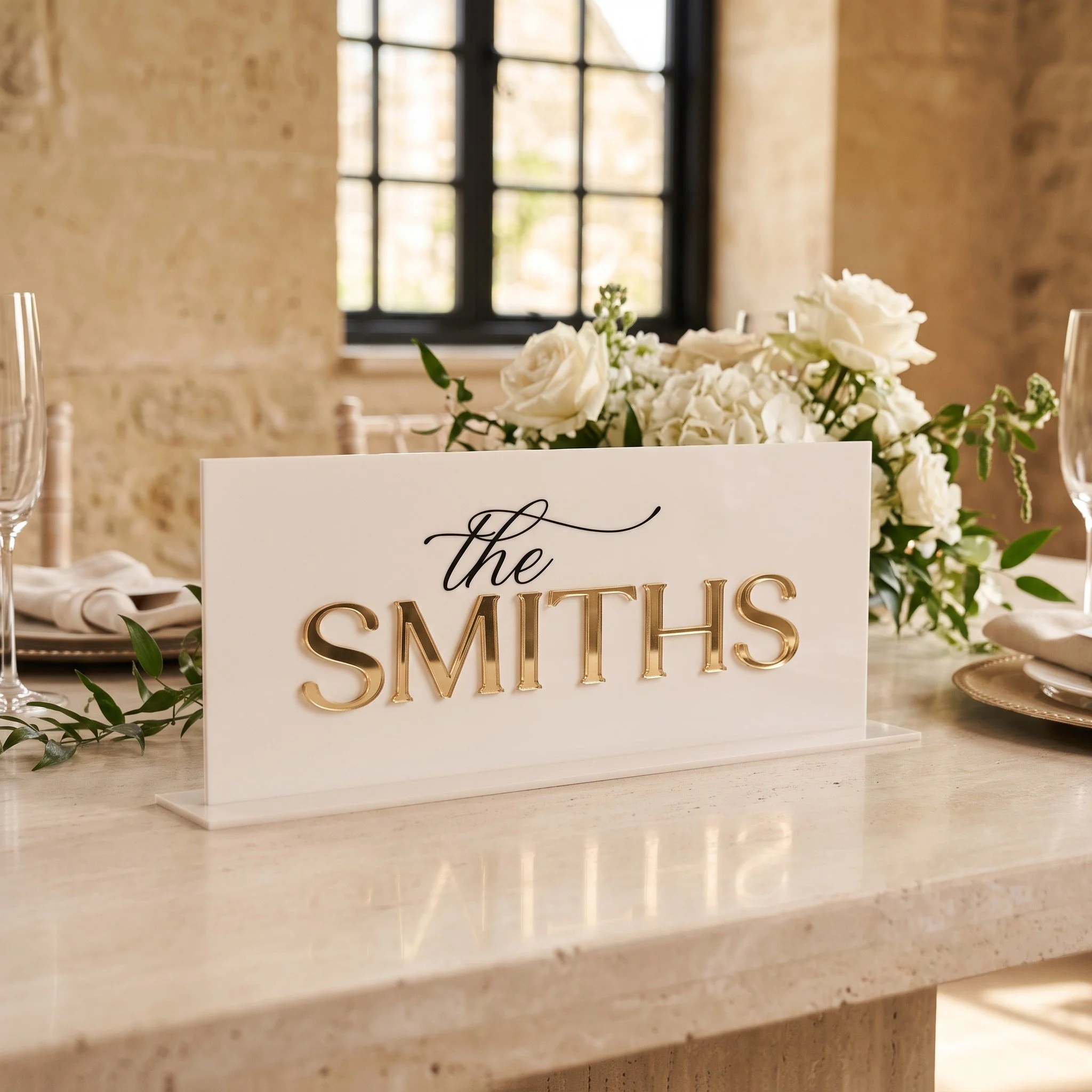 Oyster acrylic wedding top table sign with raised gold mirror Smiths surname and matching base.