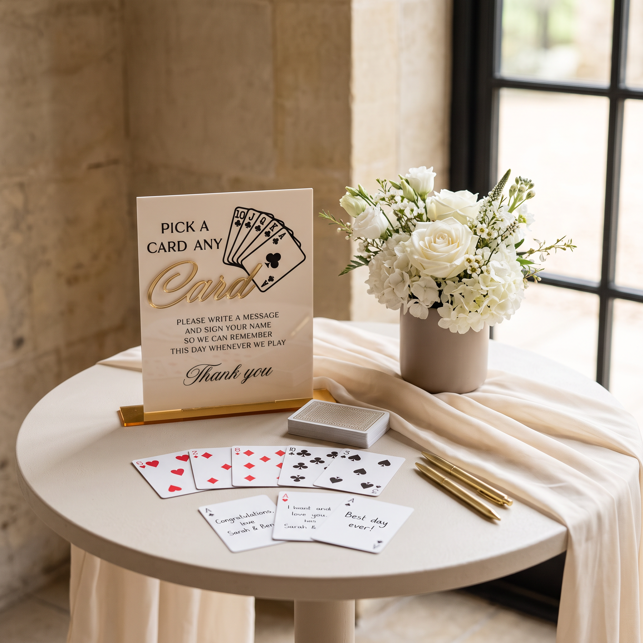 Pick a Card and Leave a Note acrylic guestbook sign with a hand-drawn playing-card illustration.