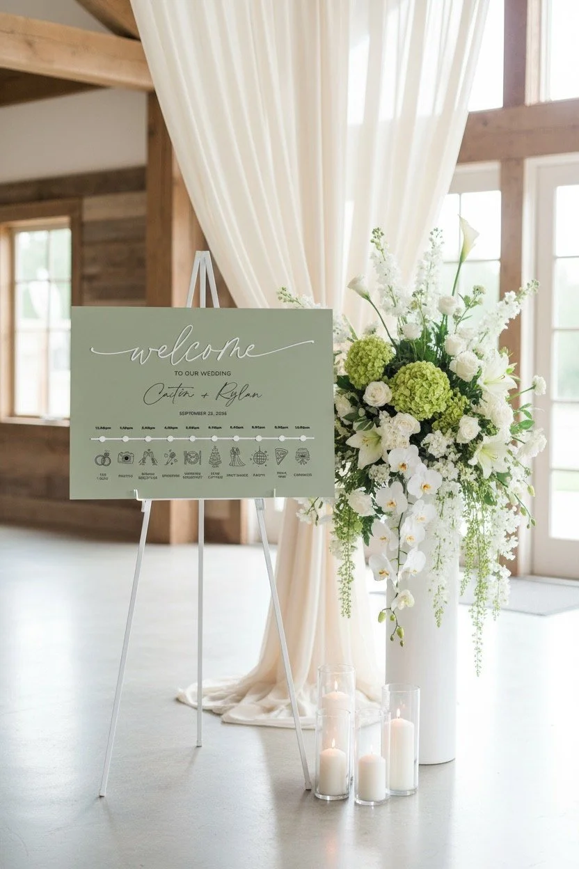 Green personalised wedding welcome sign with an illustrated Order of the Day timeline.