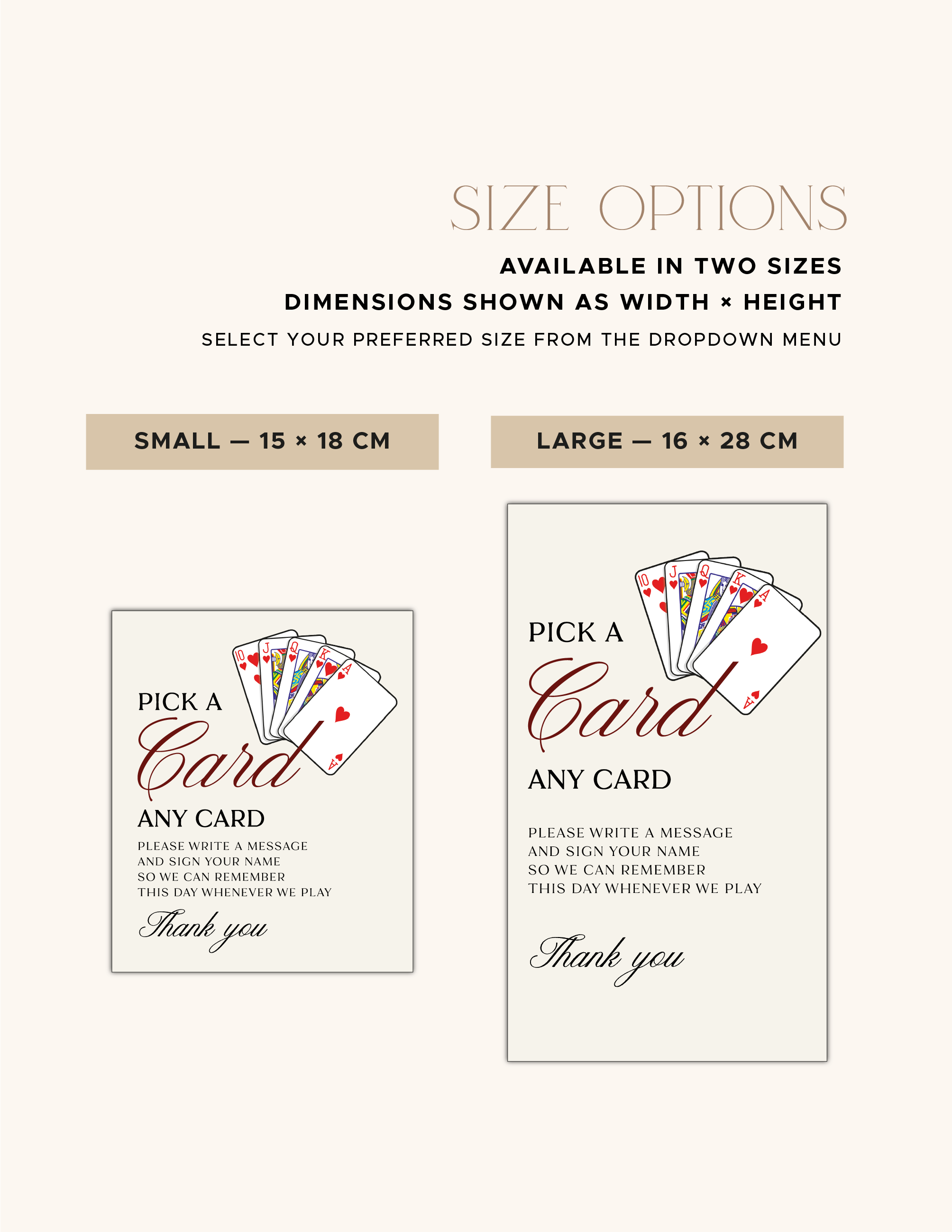 Playing-card guestbook sign size guide showing small 15 × 18cm and large 16 × 28cm options
