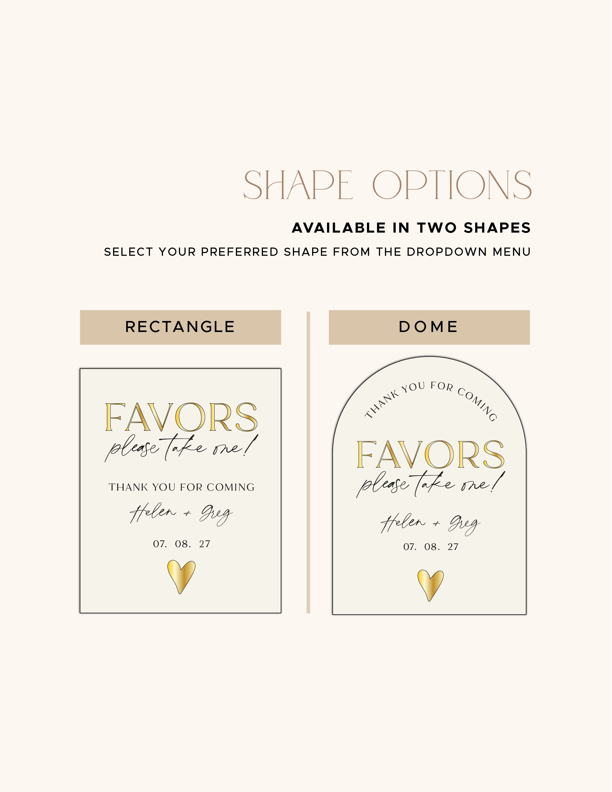 Small and large size options for the acrylic wedding favours sign.