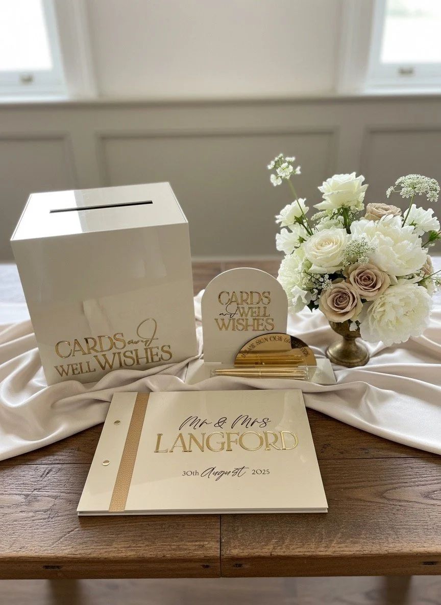 Matching wedding card box, guestbook sign and personalised acrylic guestbook
