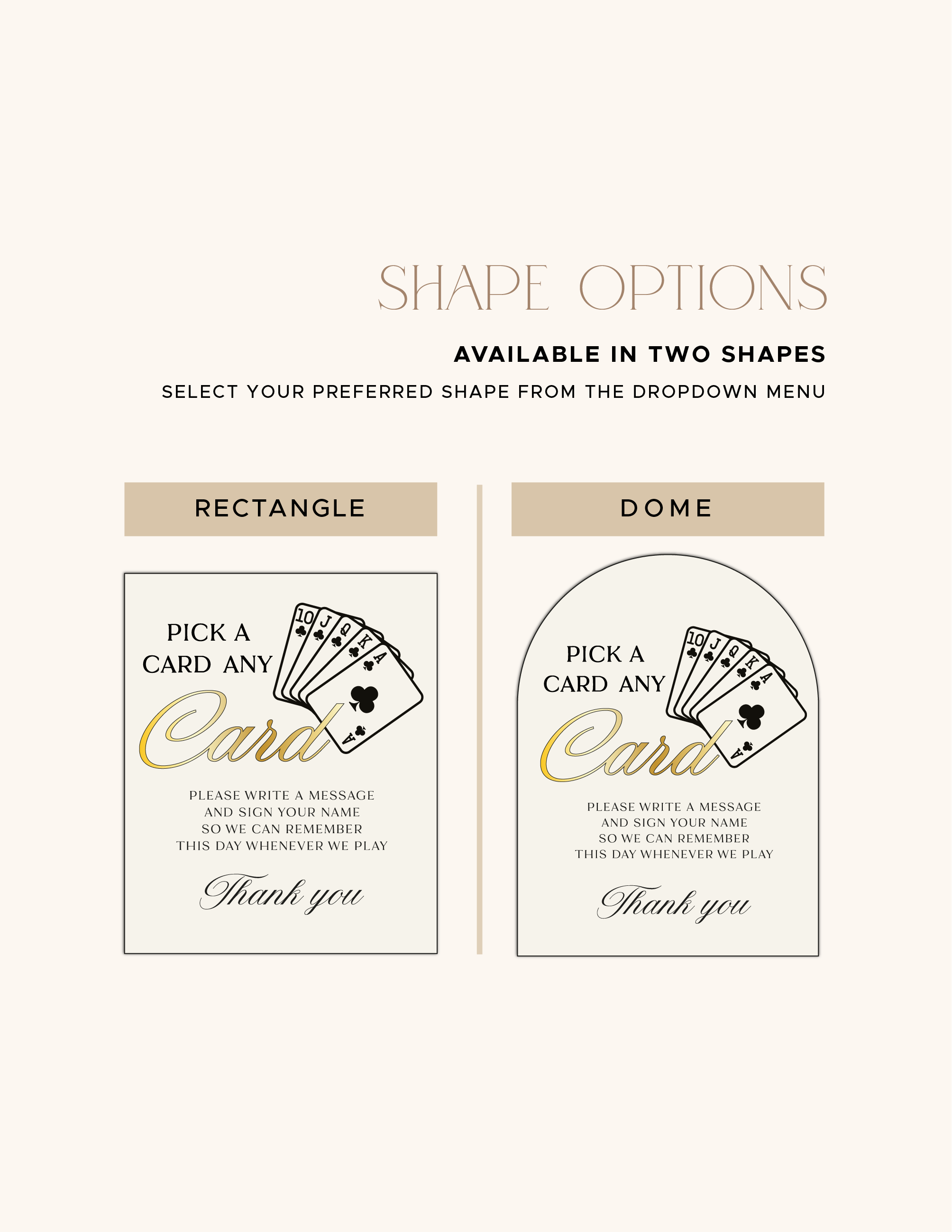 Shape options for the personalised acrylic playing-card guestbook sign.