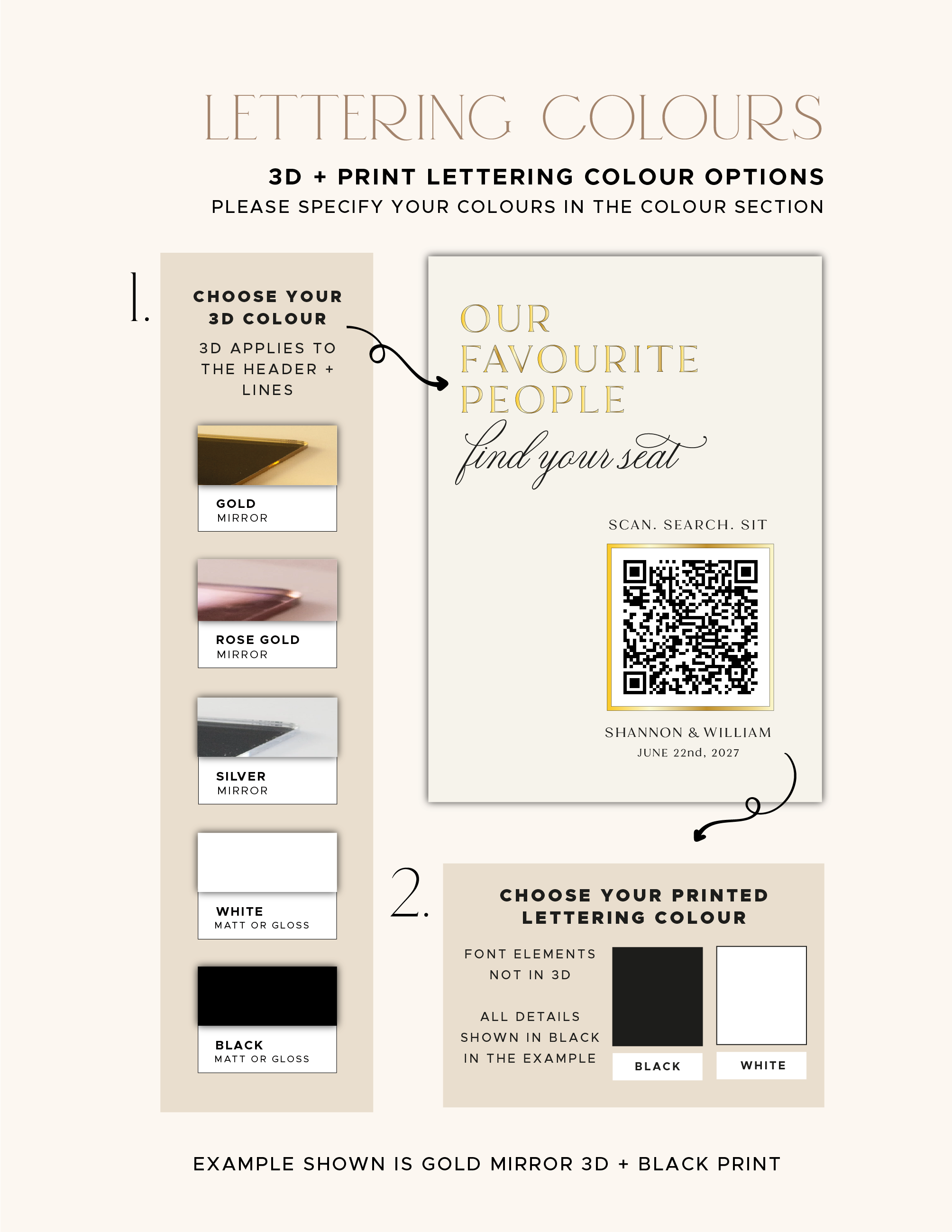 Design and colour options for the personalised QR code wedding seating plan.