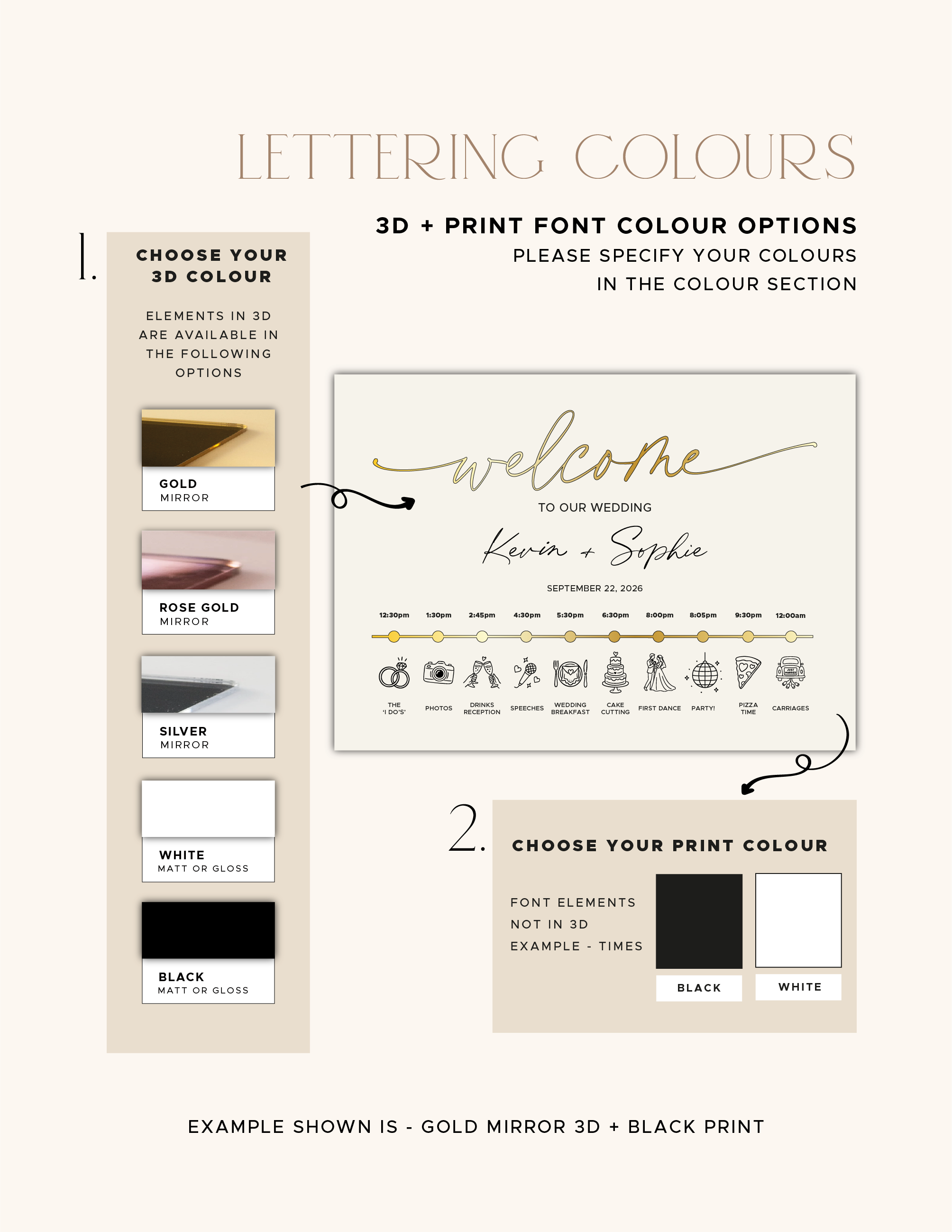 Acrylic lettering colour options for the personalised wedding welcome and timeline sign.