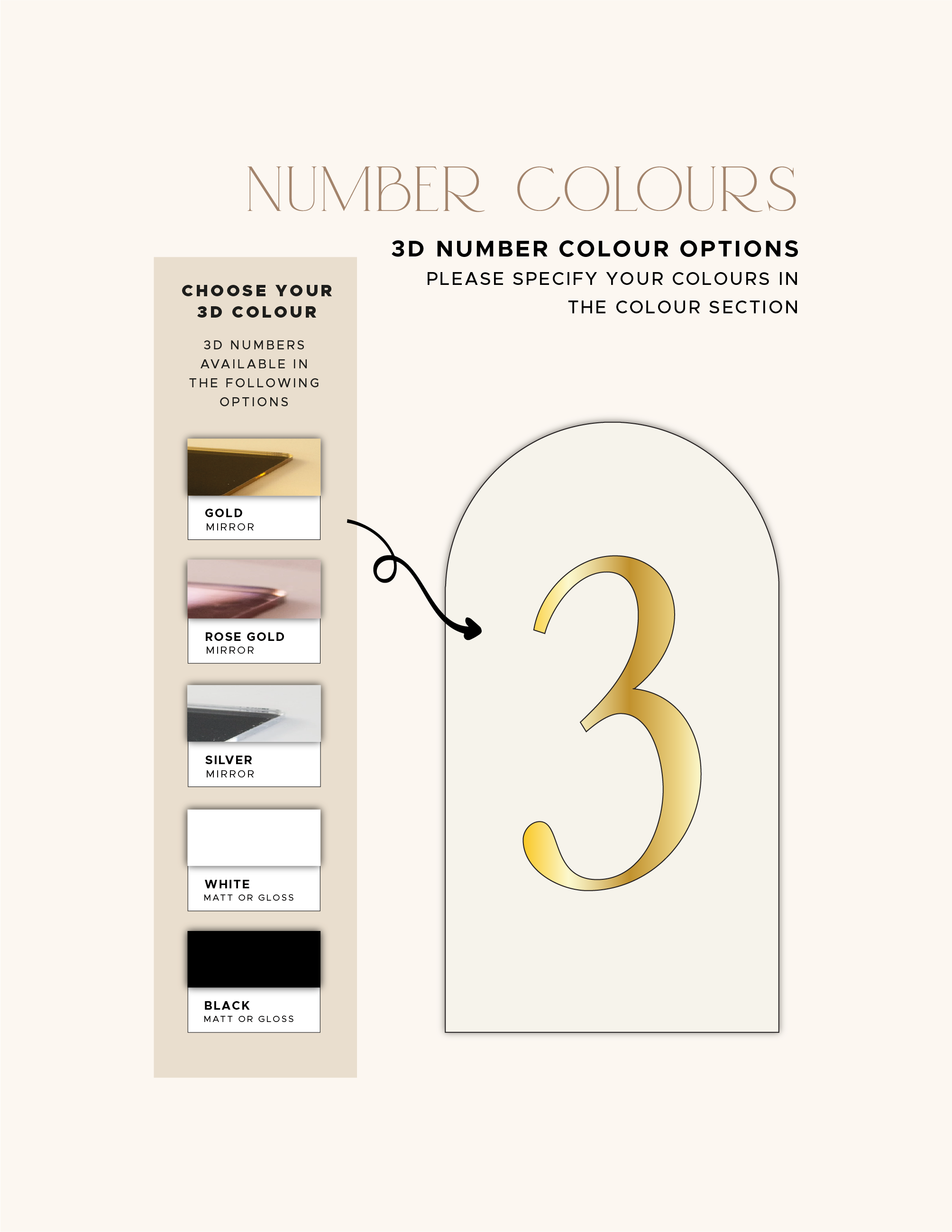 Gold, rose-gold, silver, white and black 3D colour options for acrylic wedding table numbers