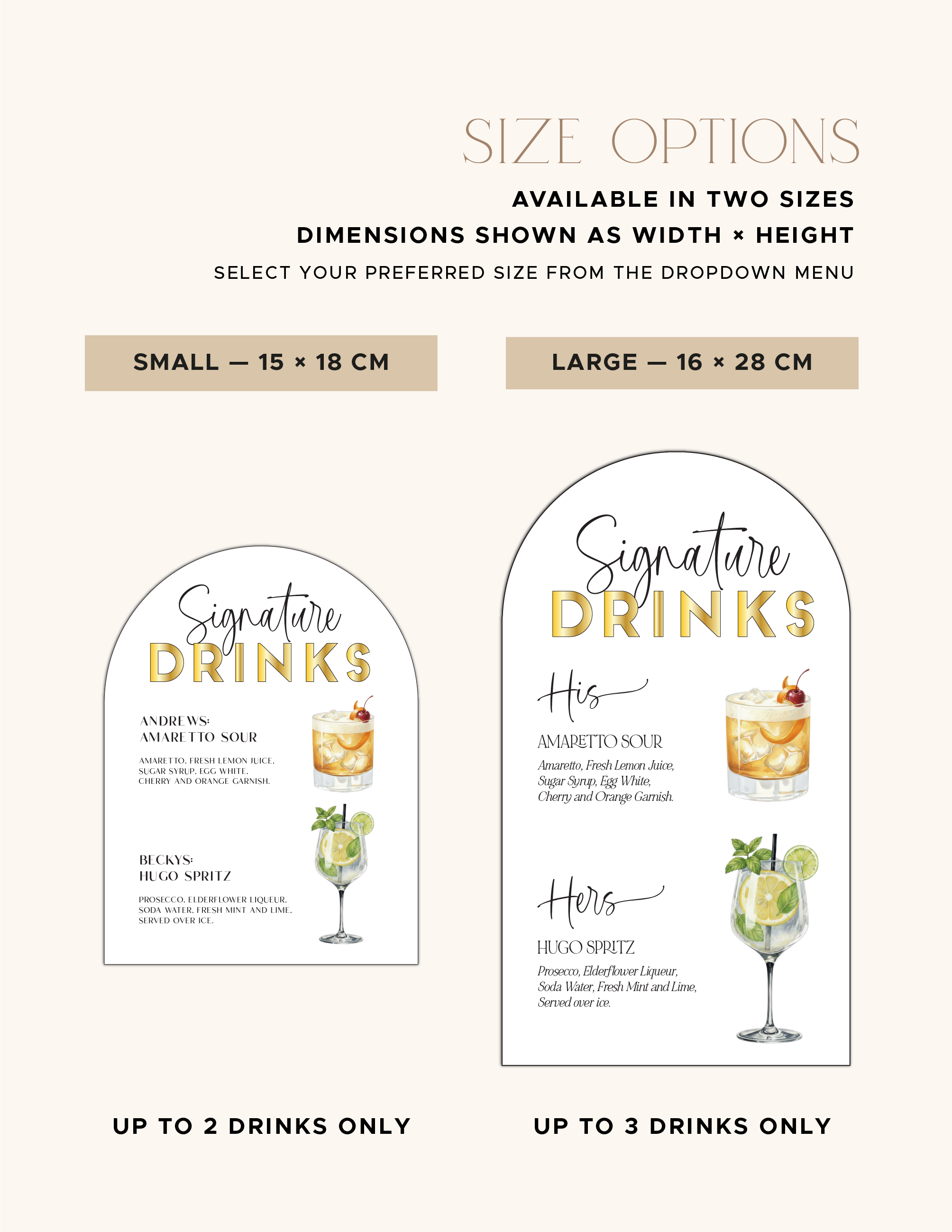 Small and large Signature Drinks Sign size comparison for two or three cocktails