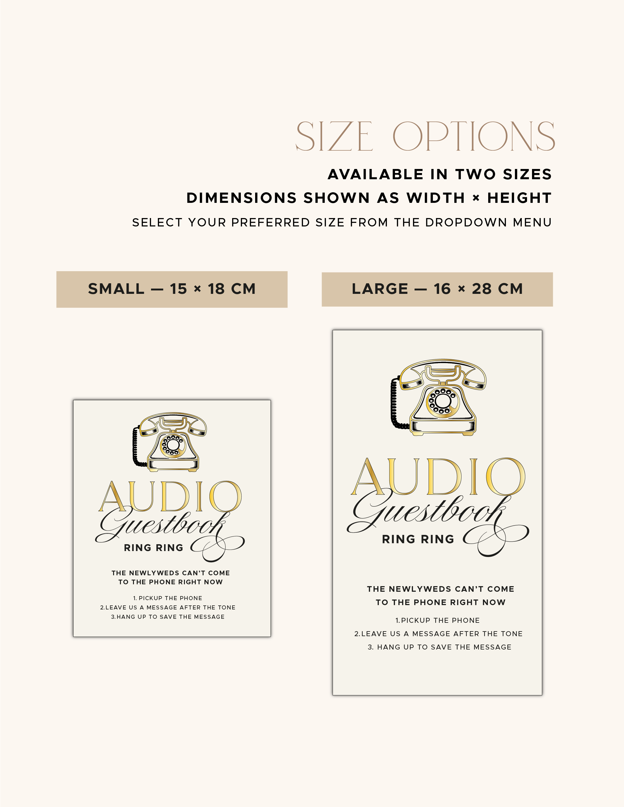 Small and large size comparison for the wedding audio guestbook instruction sign